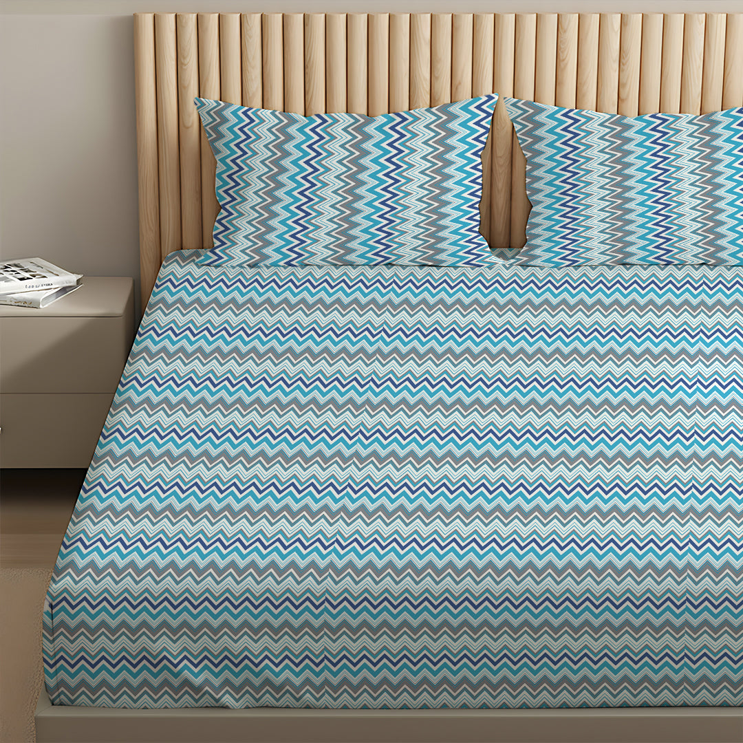 Pure Nest Printed Fitted Sheet Set Blue / Queen