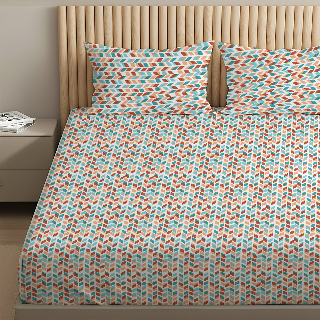 Pure Nest Printed Fitted Sheet Set Blue Rust / King