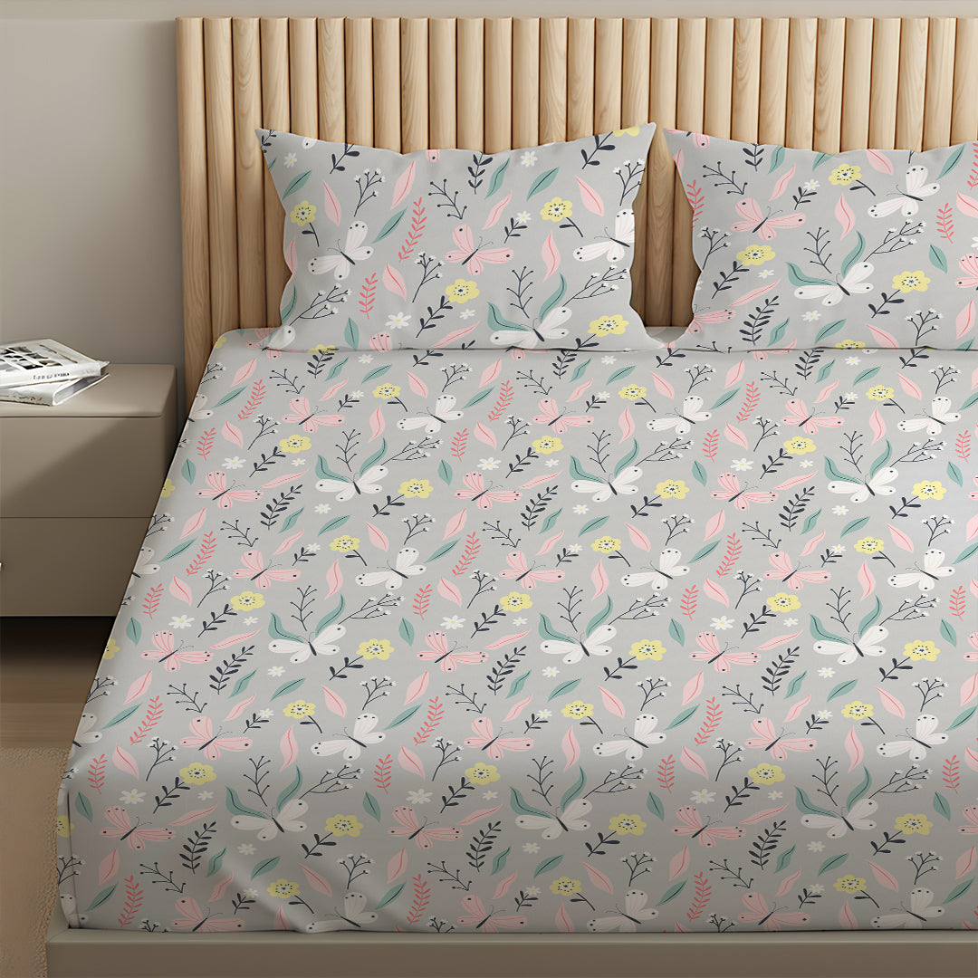 Serene Nest Printed Bedsheet Set Grey / Queen