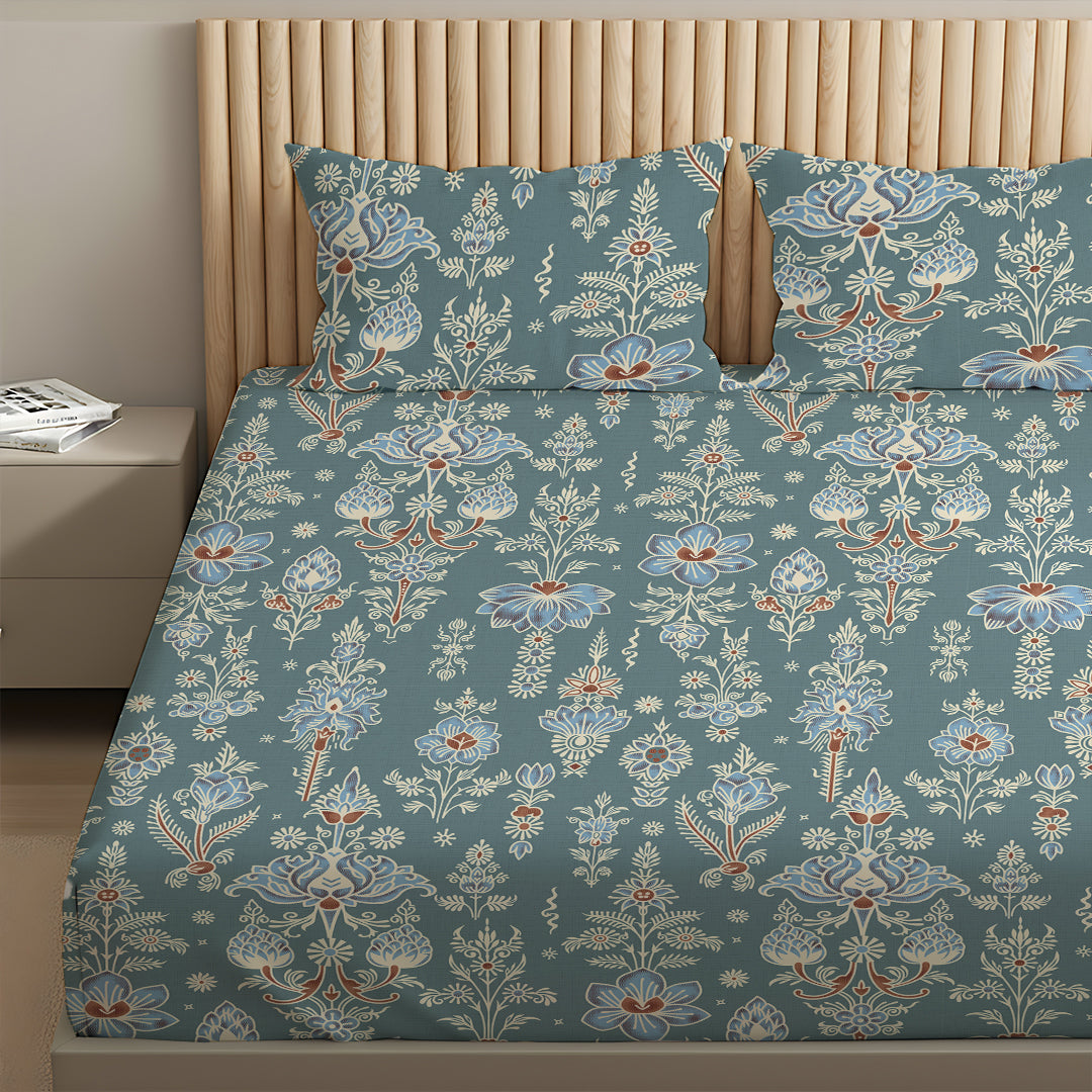 Serene Nest Printed Bedsheet Set Blue / Queen