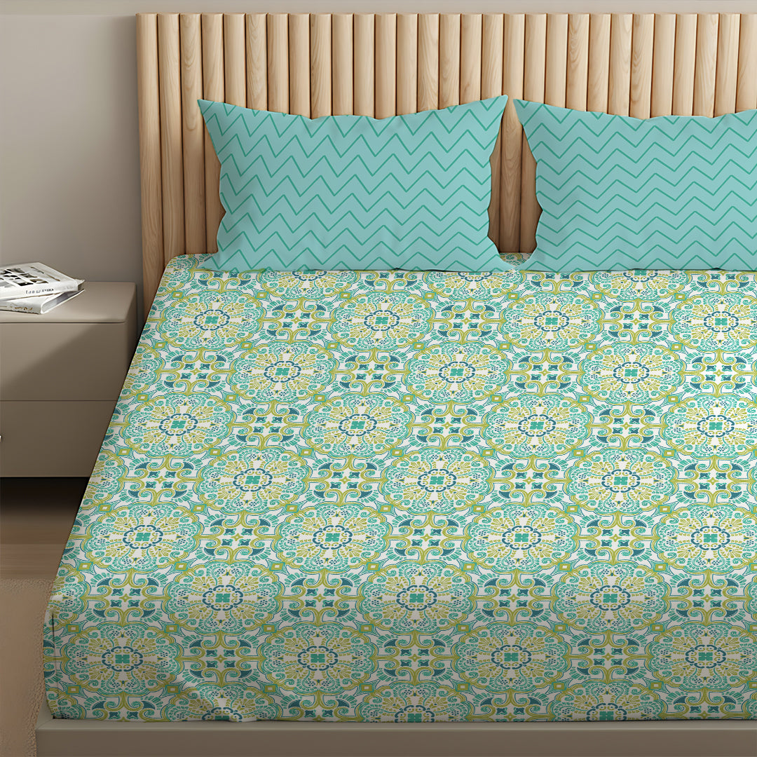 Pure Nest Printed Fitted Sheet Set Teal / Queen