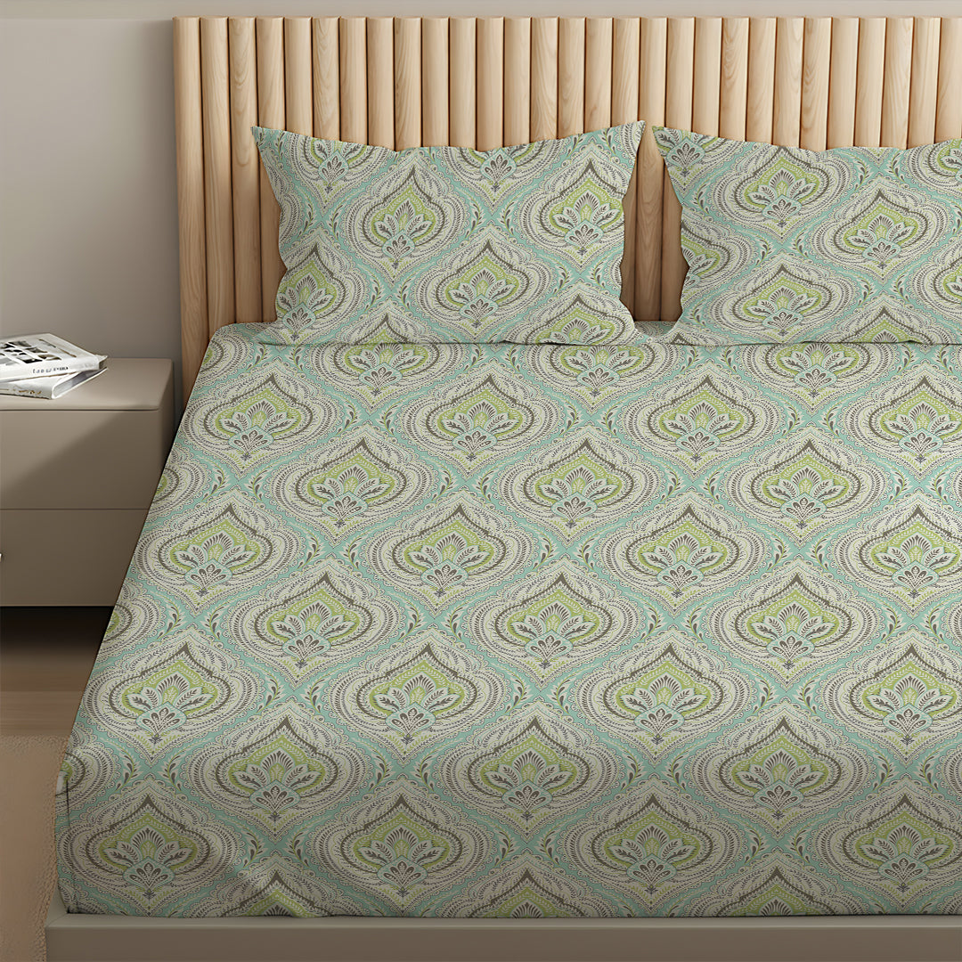 Serene Nest Printed Fitted Sheet Set Muted Green / Queen