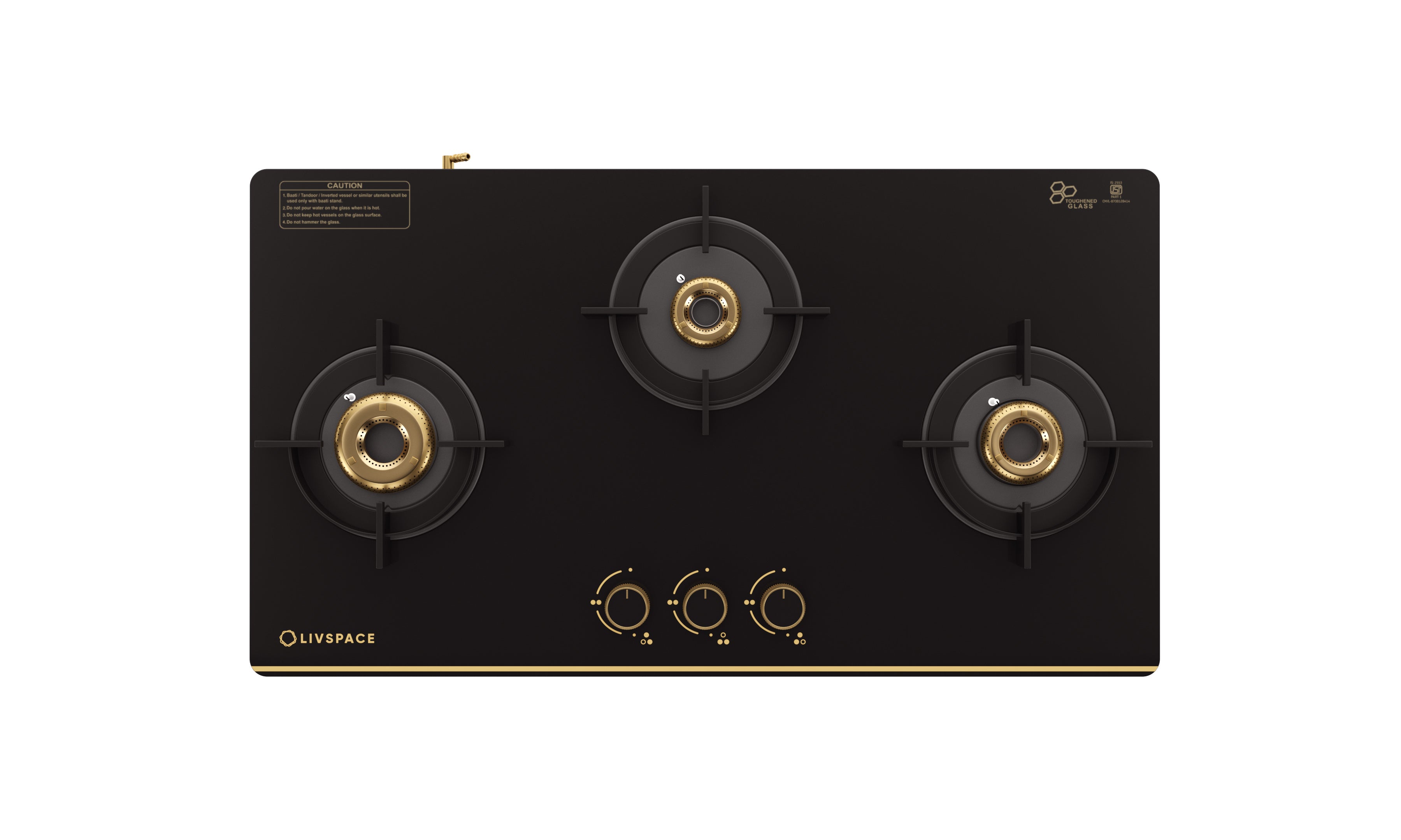 Intellia by Livspace 3 Brass Burner 770mm with Auto Ignition Gloss finish Cooktop  | Intellia CT 77 3B