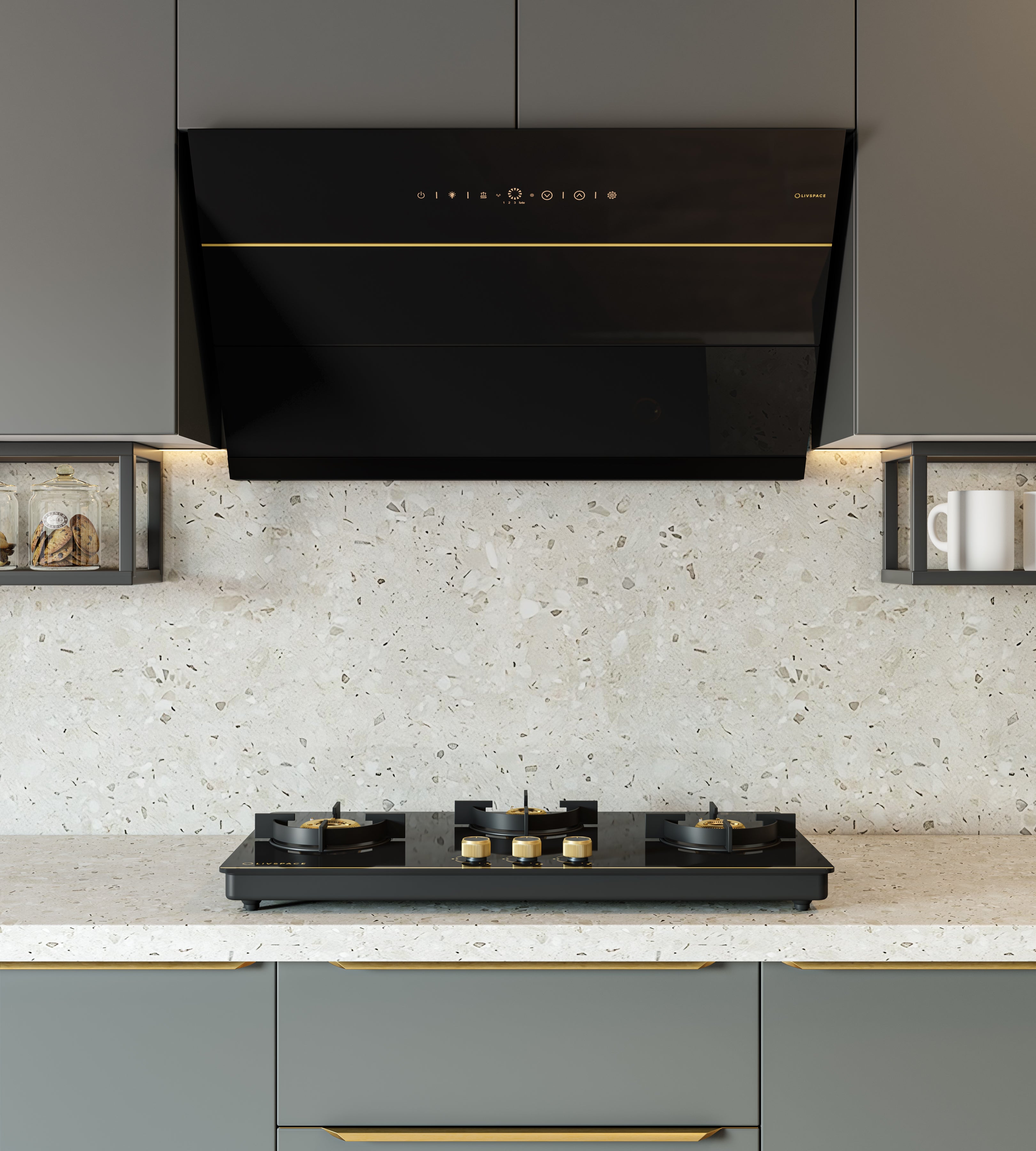 Intellia Series by LIVSPACE Inclined shape BLDC autoclean Filterless 900mm 1600m3/h suction Chimney & 3 Brass Burner Gloss finish 770mm with Auto Ignition Cooktop with installation (Ducted) | Intellia CH I 90 & Intellia CT 77 3B