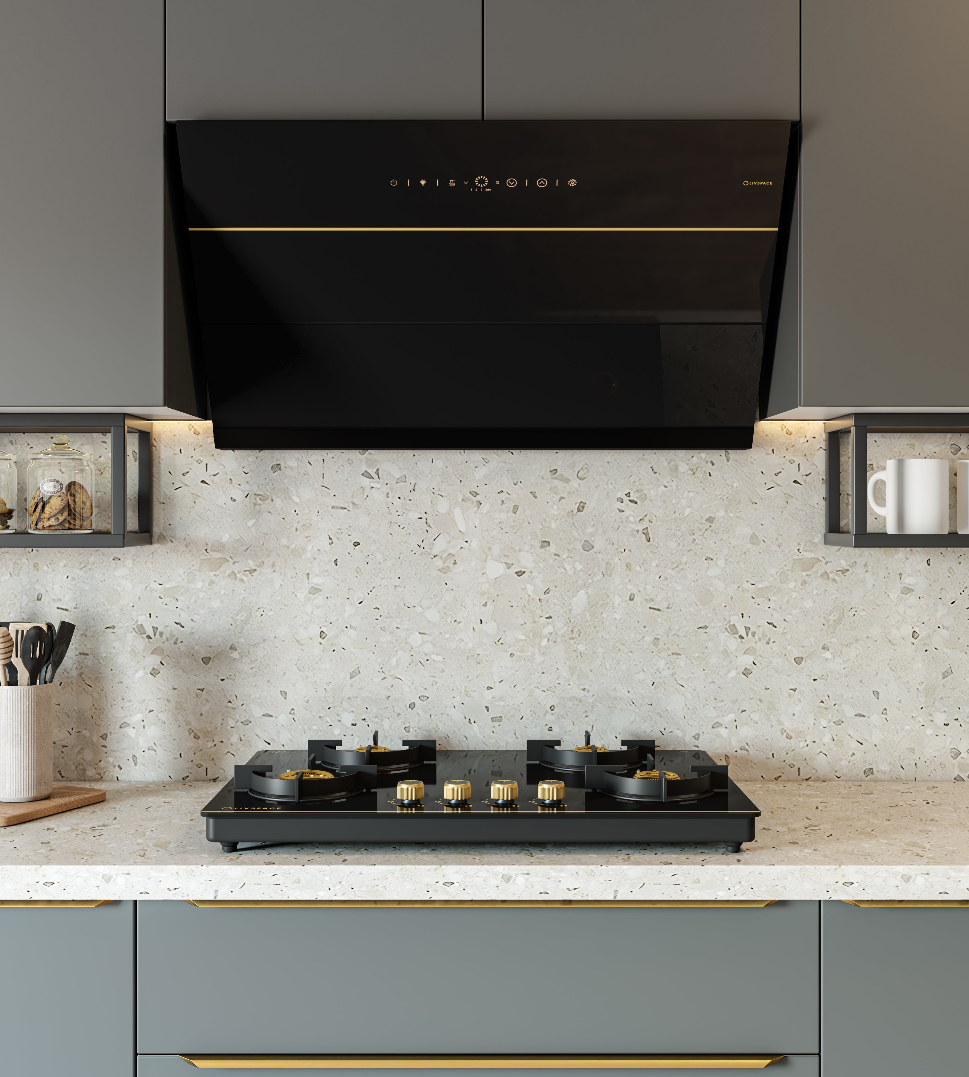 Intellia Series by LIVSPACE Inclined shape BLDC autoclean Filterless 900mm 1600m3/h suction Chimney & 4 Brass Burner Gloss finish 750mm with Auto Ignition Cooktop with installation (Ducted) | Intellia CH I 90 & Intellia CT 75 4B