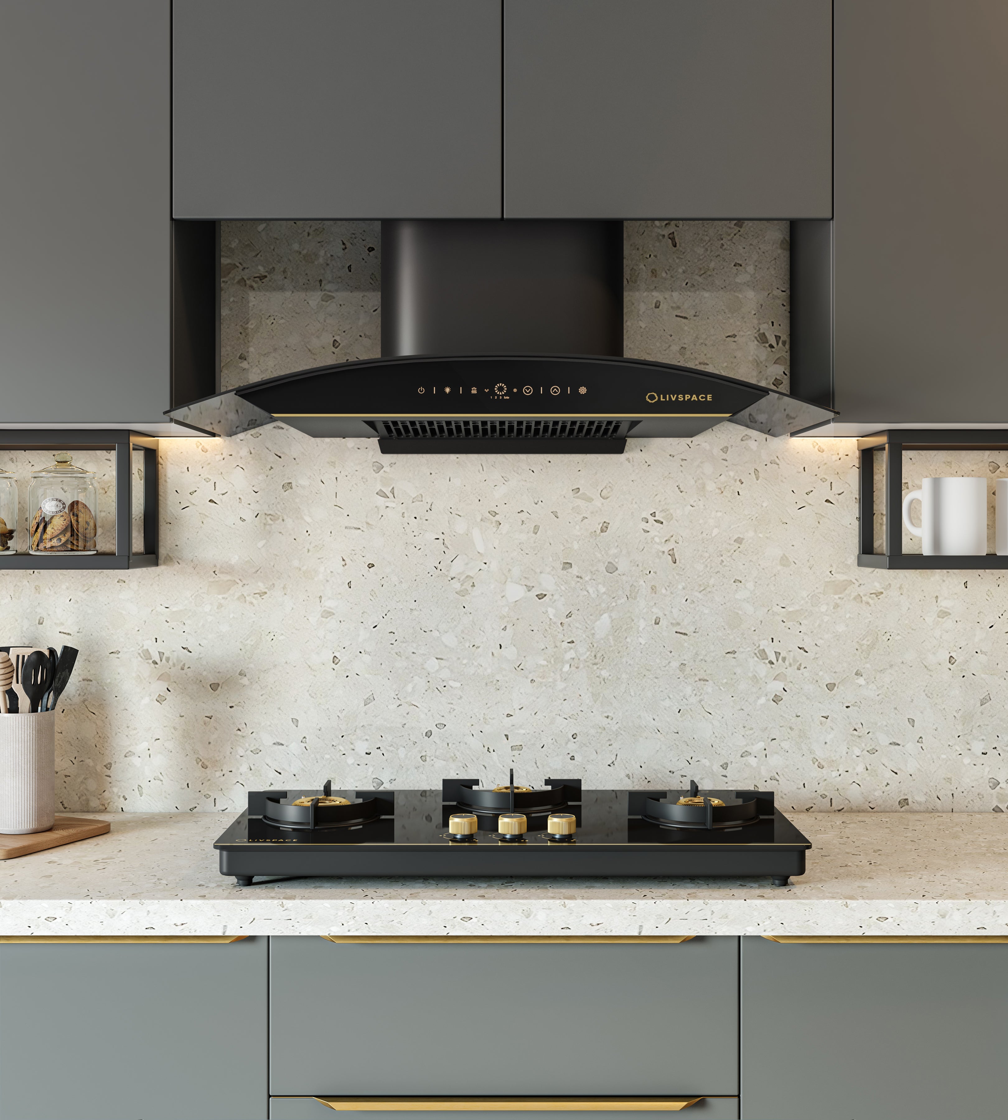 Intellia Series by LIVSPACE Curve shape BLDC autoclean Filterless 900mm 1600m3/h suction Chimney & 3 Brass Burner Gloss finish 770mm with Auto Ignition Cooktop with installation (Ducted) | Intellia CH C 90 & Intellia CT 77 3B