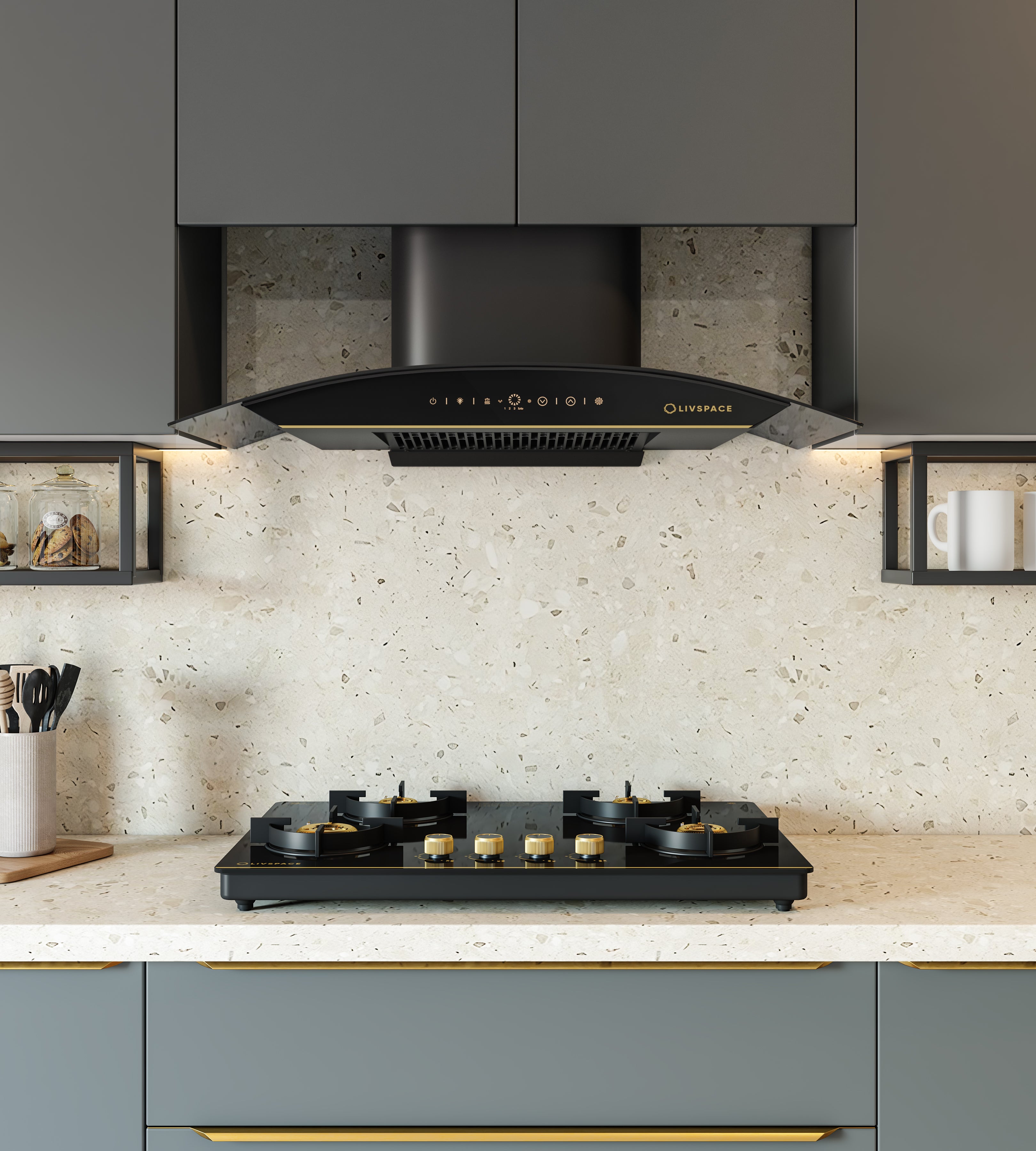 Intellia Series by LIVSPACE Curve shape BLDC autoclean Filterless 900mm 1600m3/h suction Chimney & 4 Brass Burner Gloss finish 750mm with Auto Ignition Cooktop with installation (Ducted) | Intellia CH C 90 & Intellia CT 75 4B