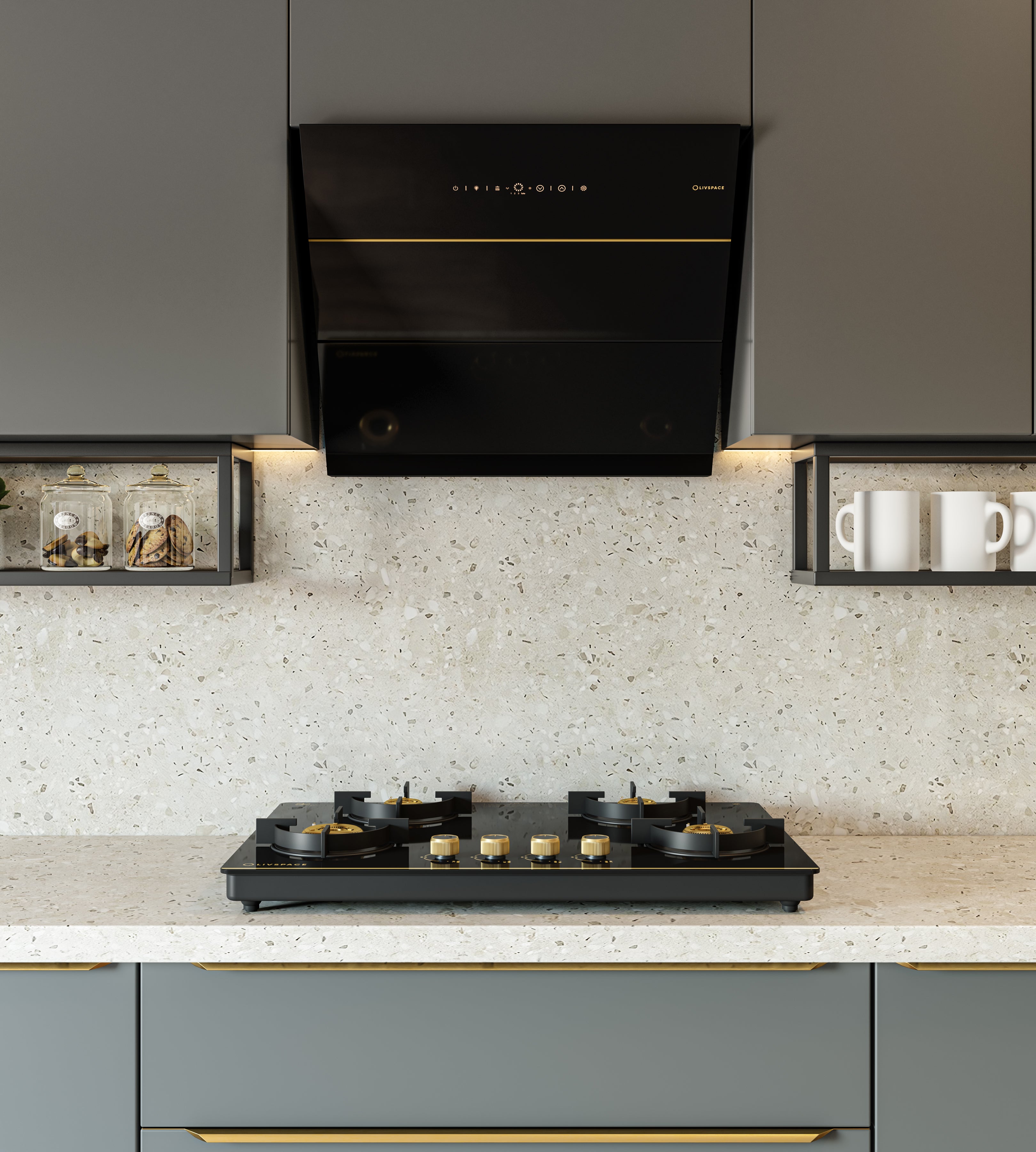 Intellia Series by LIVSPACE Inclined shape BLDC autoclean Filterless 600mm 1600m3/h suction Chimney & 4 Brass Burner Gloss finish 750mm with Auto Ignition Cooktop with installation (Ducted) | Intellia CH I 60 & Intellia CT 75 4B