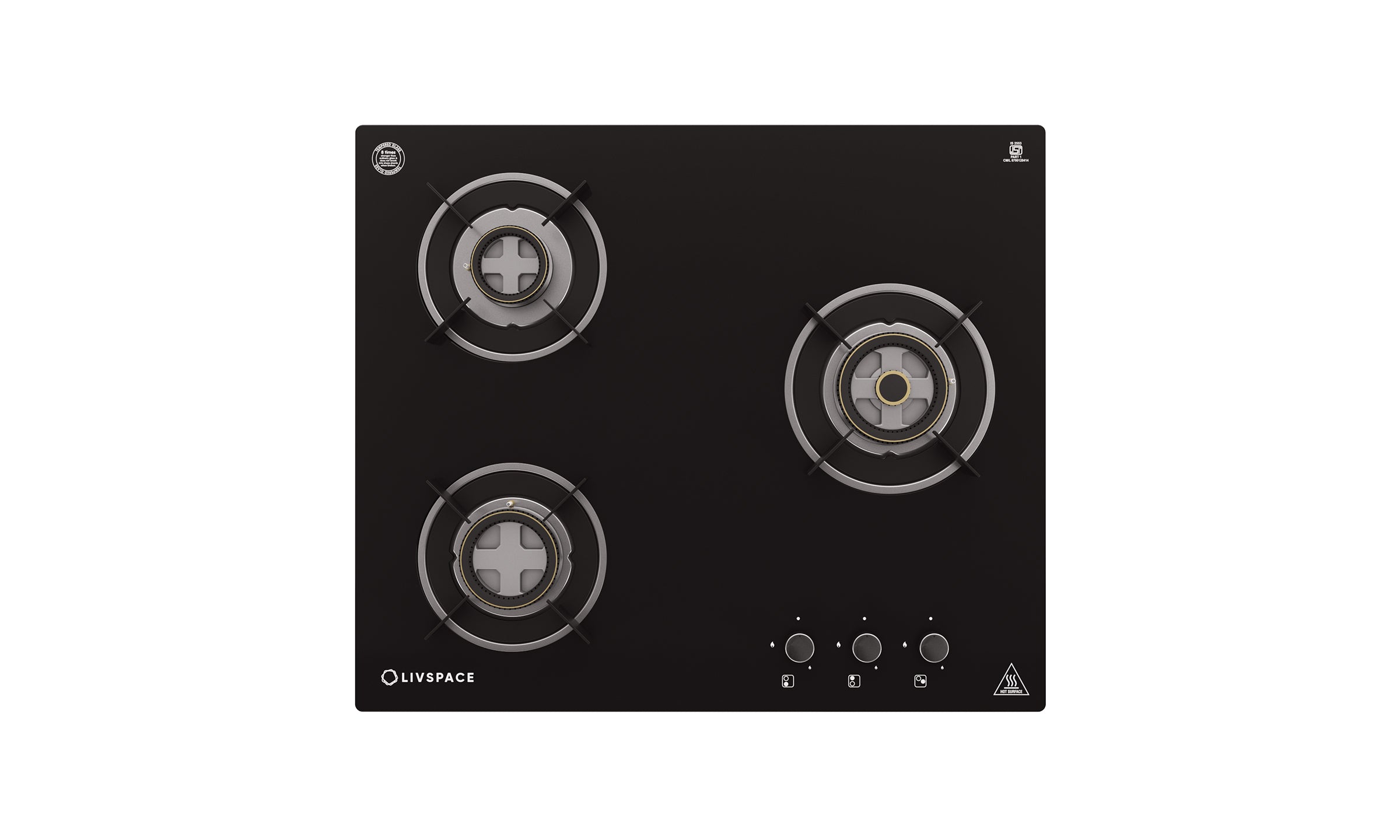 Optima by Livspace 3 Brass Burner 600mm with Auto Ignition gloss finish Hob  | Optima HB 3B 60