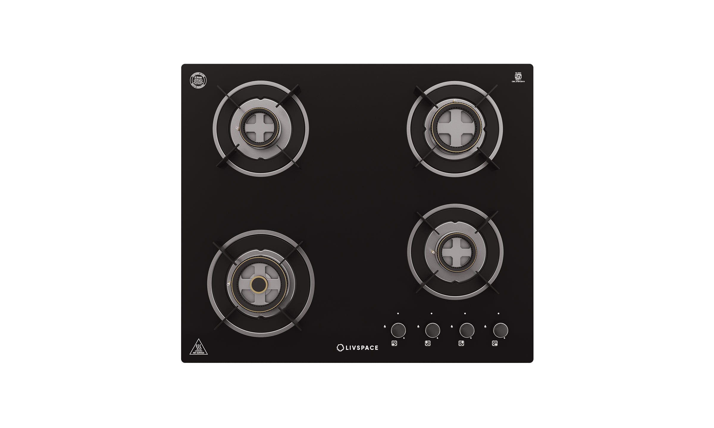 Optima by Livspace 4 Brass Burner 600mm with Auto Ignition gloss finish Hob  | Optima HB 4B 60