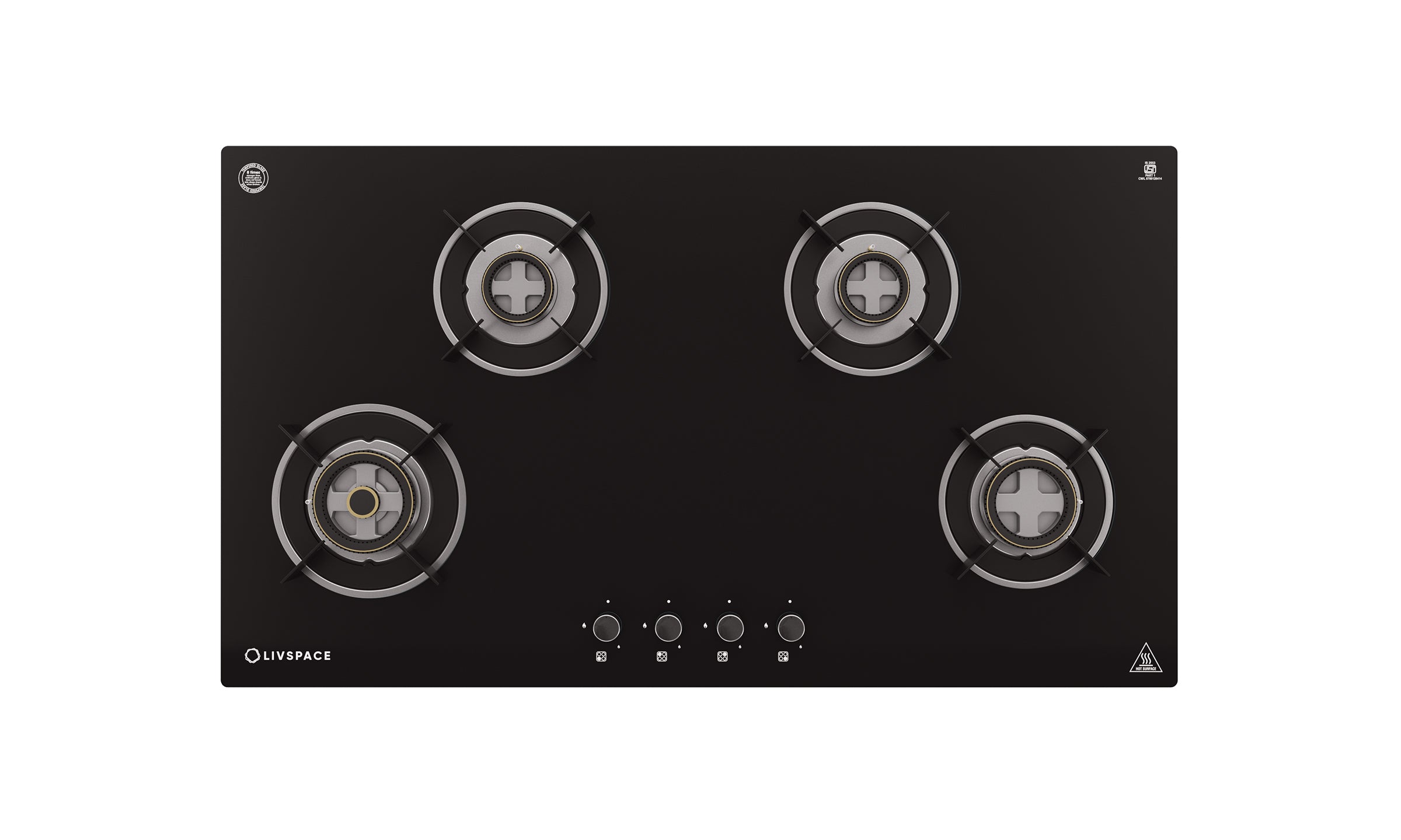 Optima by Livspace 4 Brass Burner 900mm with Auto Ignition gloss finish Hob  | Optima HB 4B 90