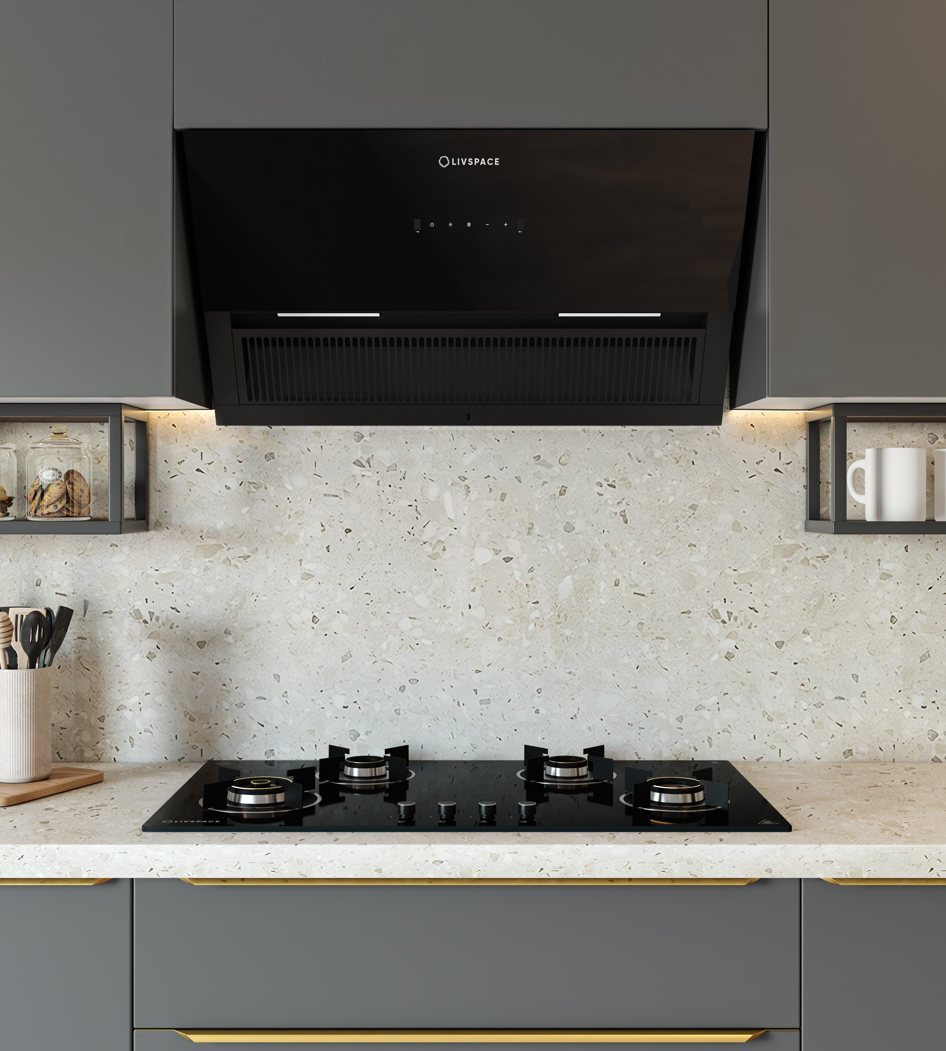 Optima by Livspace 4 Brass Burner 900mm with Auto Ignition gloss finish Hob  | Optima HB 4B 90