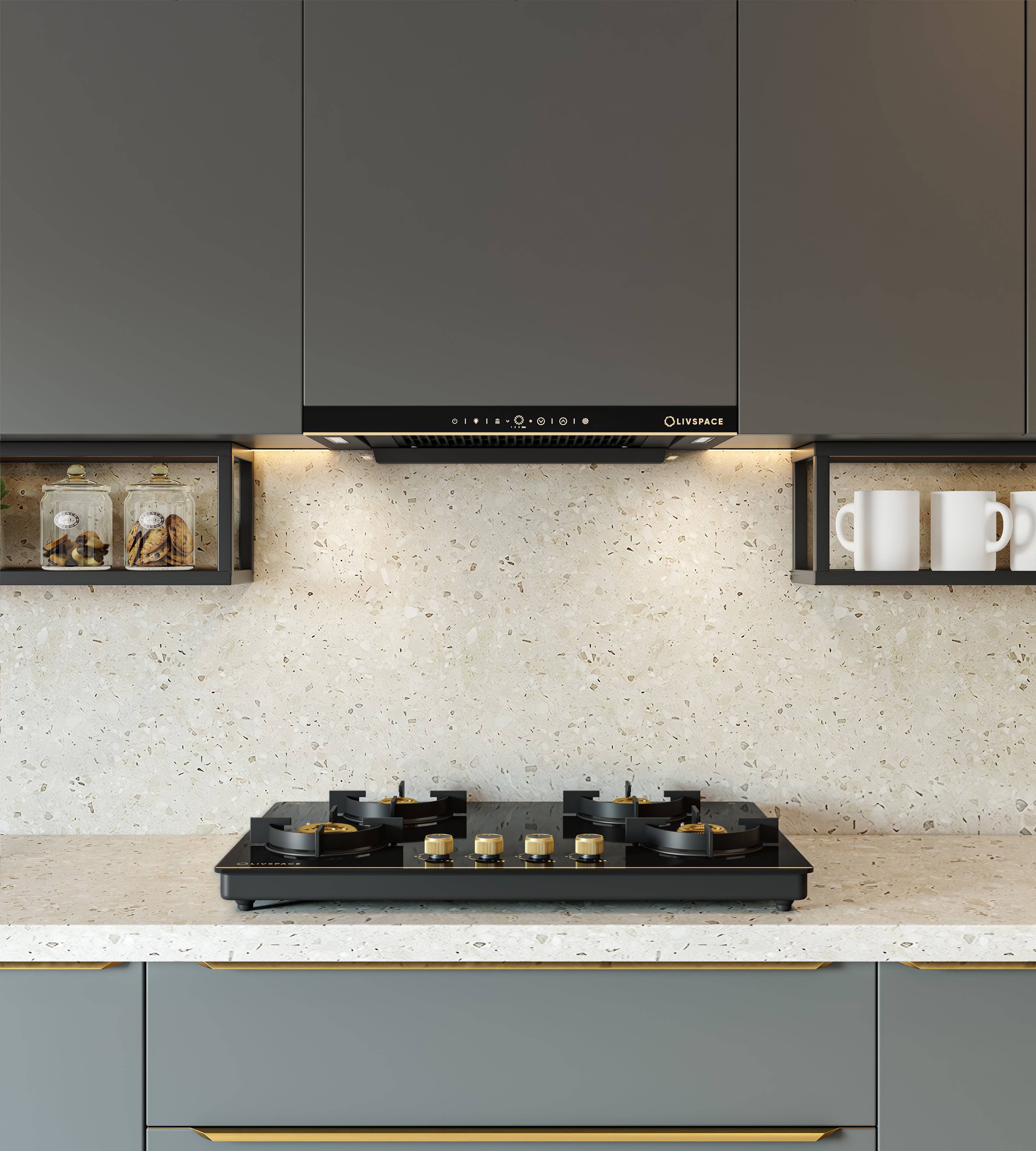 Intellia by LIVSPACE T-shape shape BLDC autoclean Filterless 600mm 1600m3/h suction Chimney & 4 Brass Burner Gloss finish 750mm with Auto Ignition Cooktop with installation (Ducted) | Intellia CH T 60 & Intellia CT 75 4B