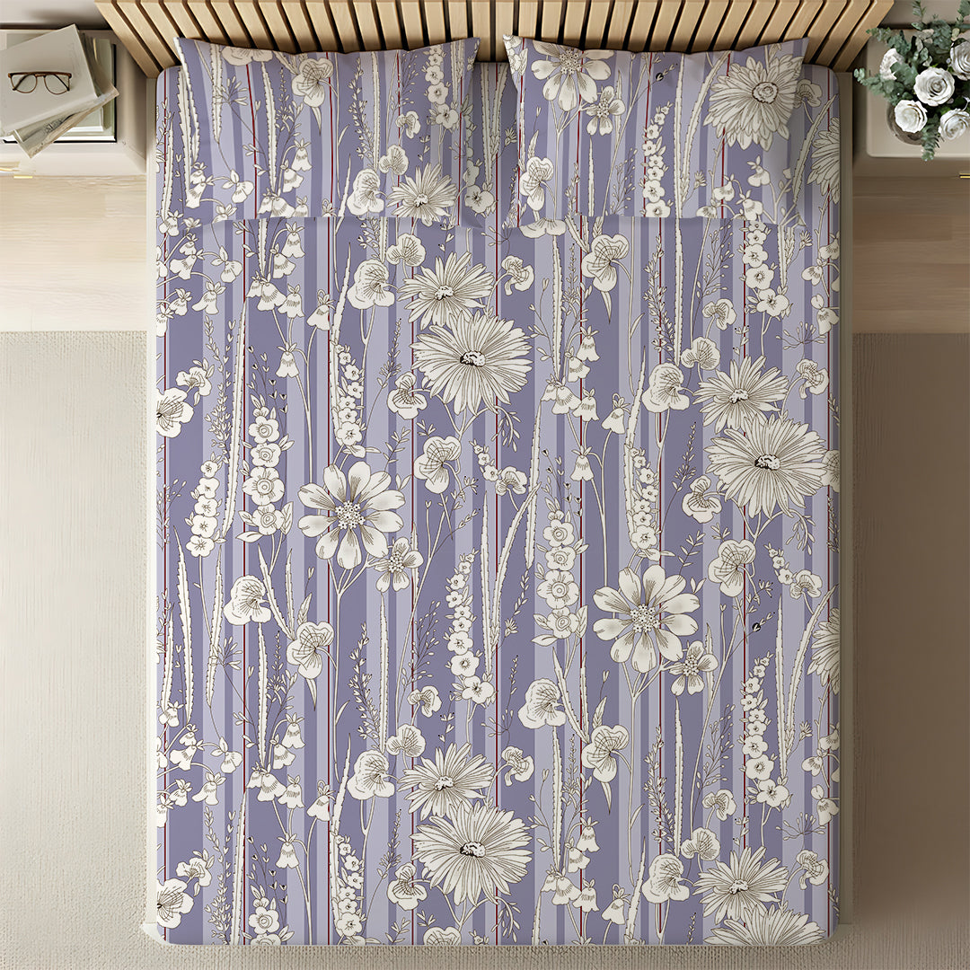 Serene Nest Printed Fitted Sheet Set Blue Grey / Queen