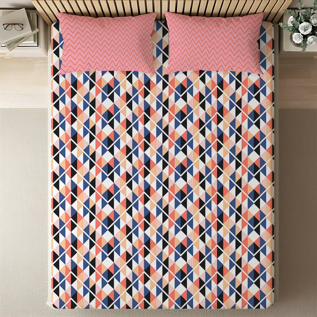 Pure Nest Printed Fitted Sheet Set Pink Blue / King