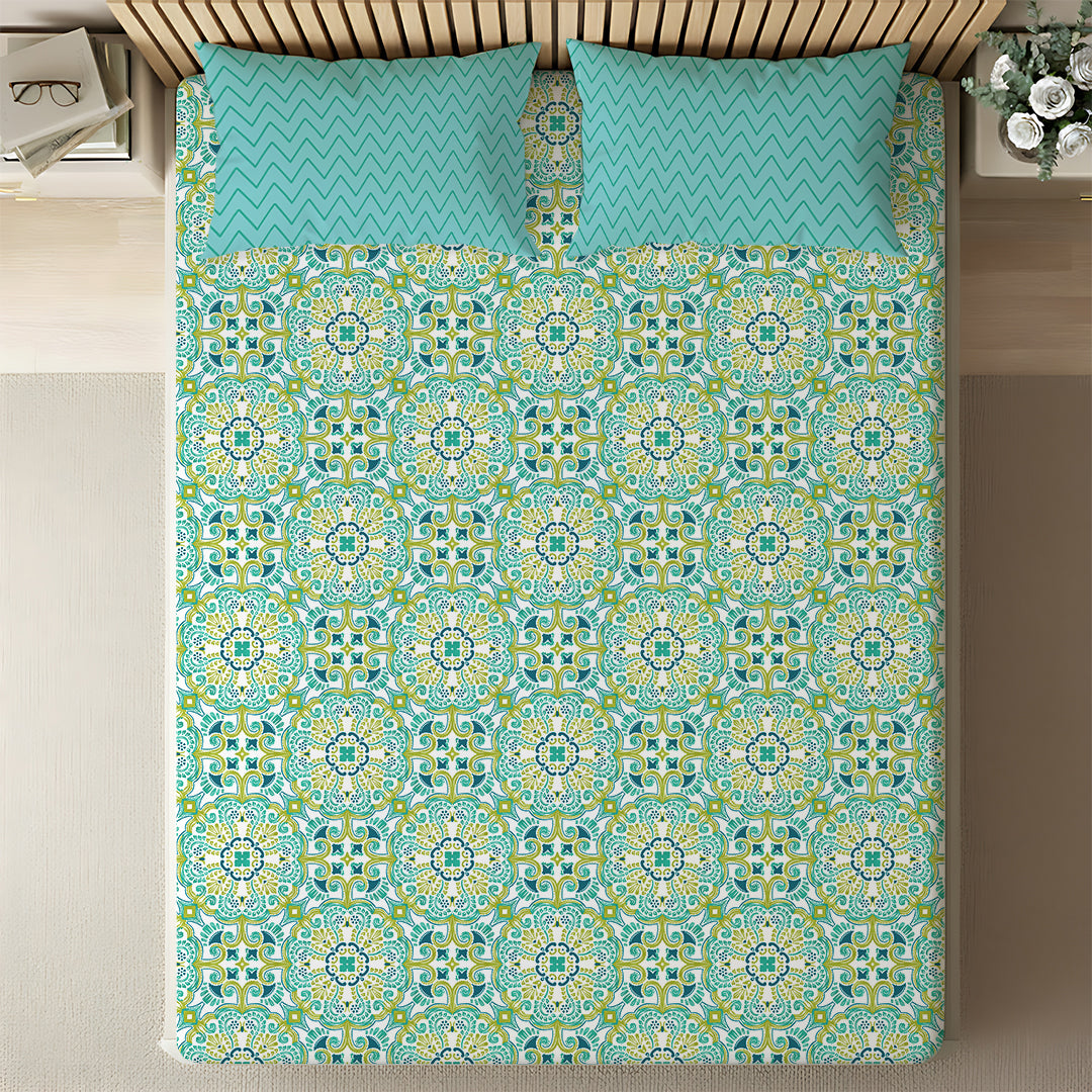 Pure Nest Printed Fitted Sheet Set Teal / King
