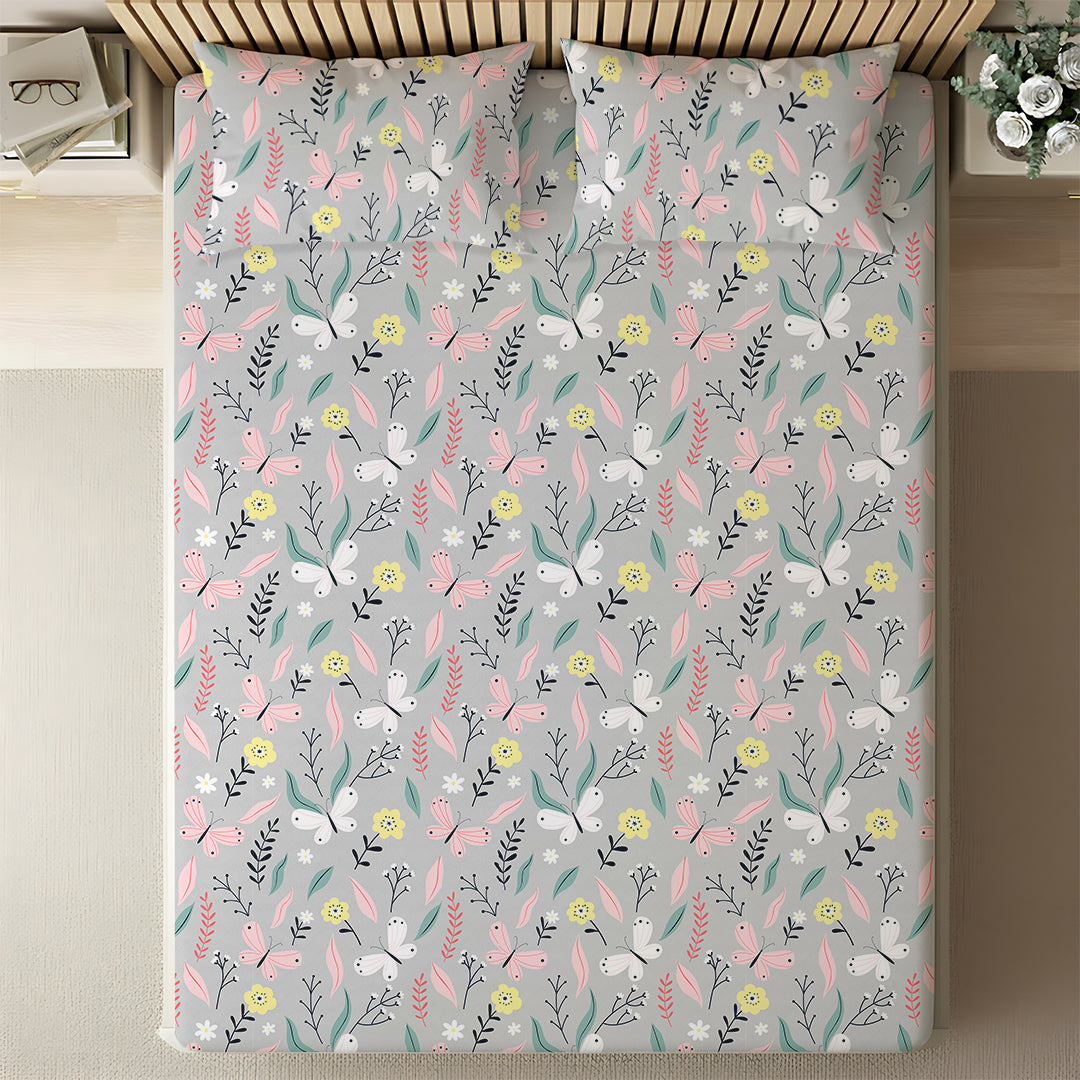 Serene Nest Printed Fitted Sheet Set Grey / Queen