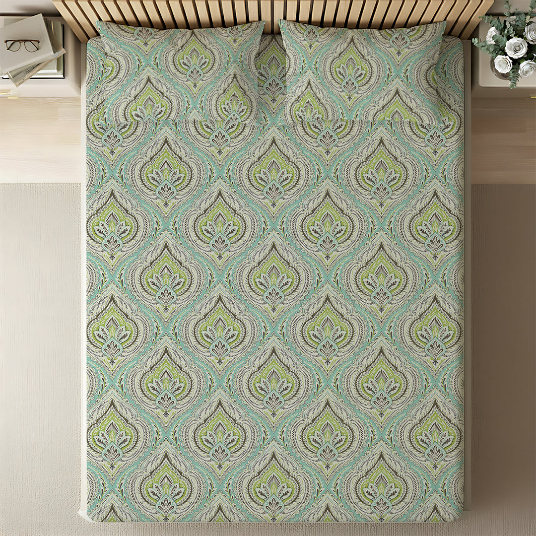 Serene Nest Printed Fitted Sheet Set Muted Green / Queen