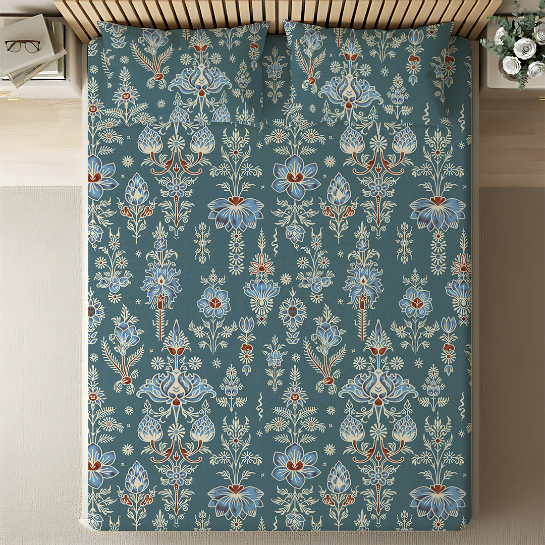 Serene Nest Printed Fitted Sheet Set Blue / Queen
