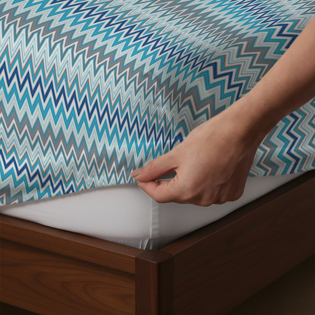 Pure Nest Printed Fitted Sheet Set Blue / King
