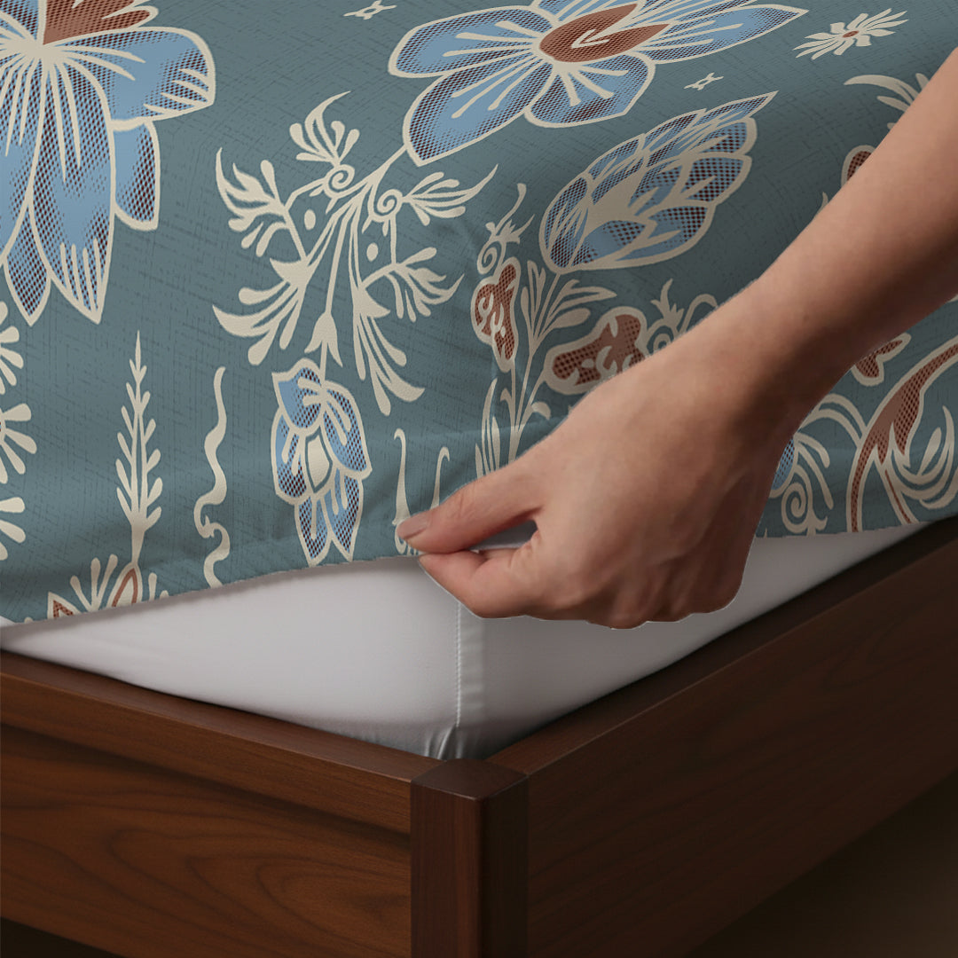 Serene Nest Printed Fitted Sheet Set Blue / King