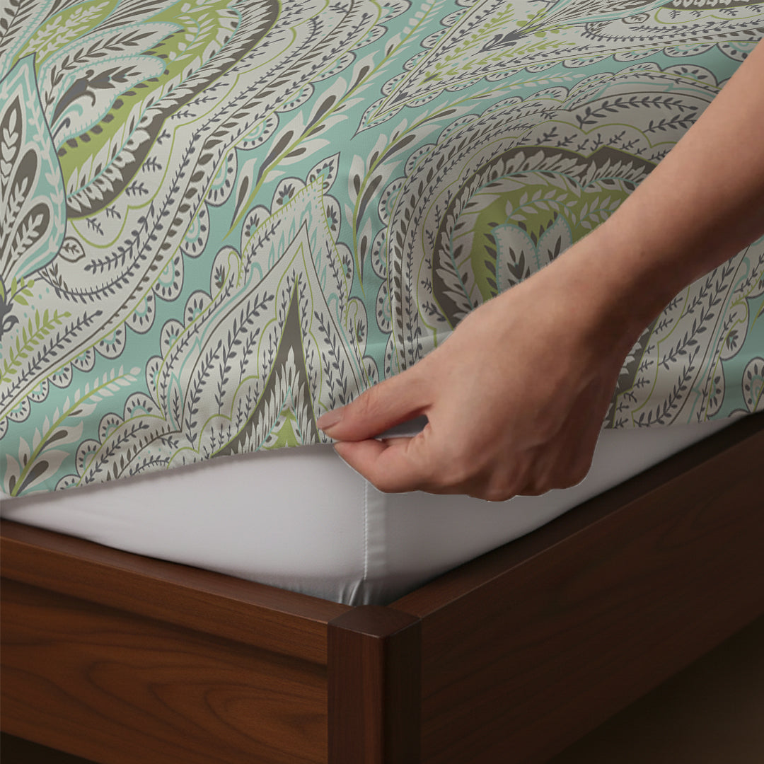 Serene Nest Printed Fitted Sheet Set Muted Green / Queen