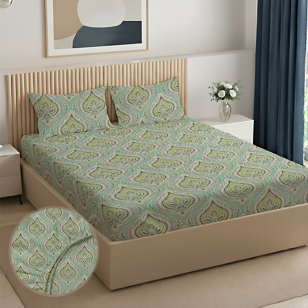 Serene Nest Printed Fitted Sheet Set Muted Green / Queen