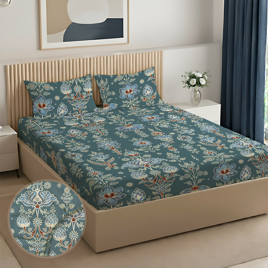Serene Nest Printed Fitted Sheet Set Blue / King