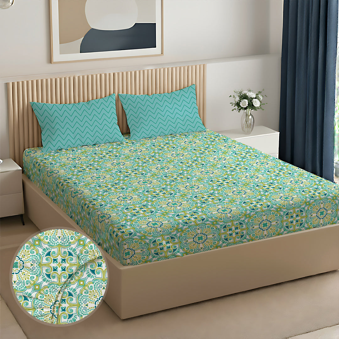 Pure Nest Printed Fitted Sheet Set Teal / Queen