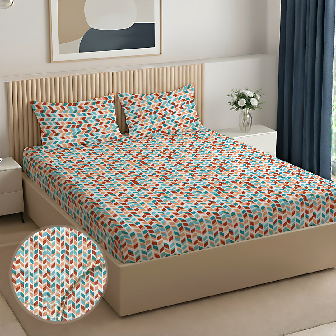 Pure Nest Printed Fitted Sheet Set Blue Rust / Queen