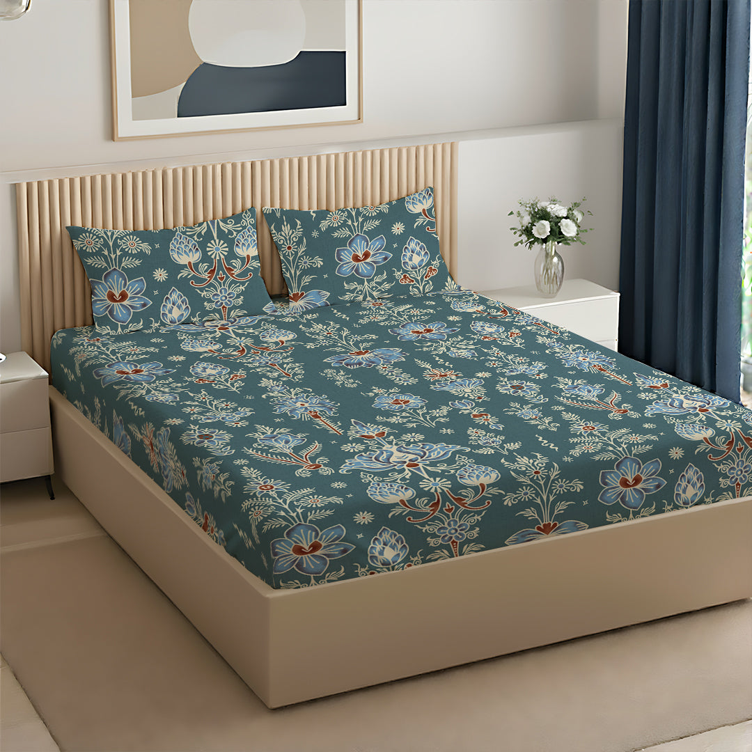 Serene Nest Printed Bedsheet Set Blue / Queen