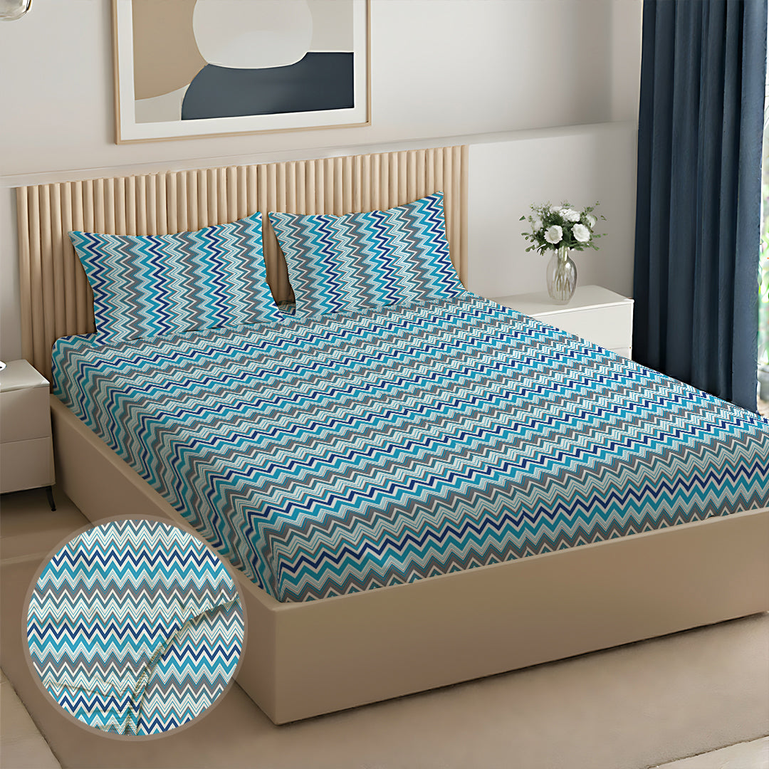 Pure Nest Printed Fitted Sheet Set Blue / King