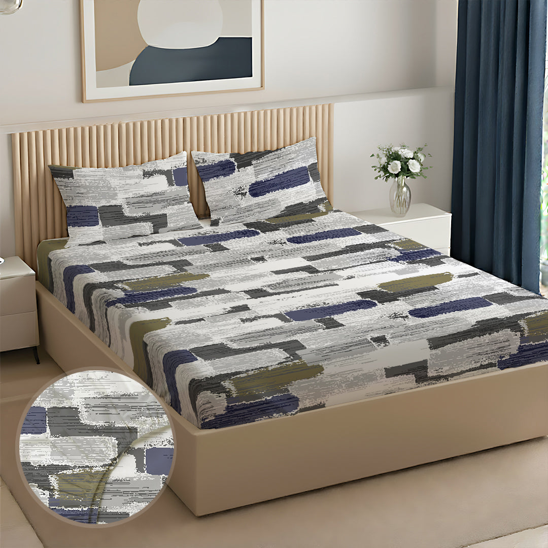 Serene Nest Printed Fitted Sheet Set Blue Olive / Queen