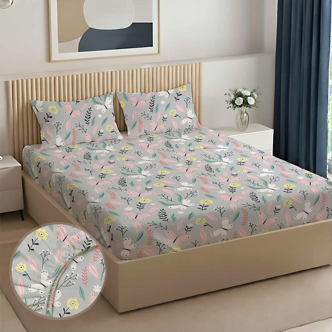 Serene Nest Printed Fitted Sheet Set Grey / Queen