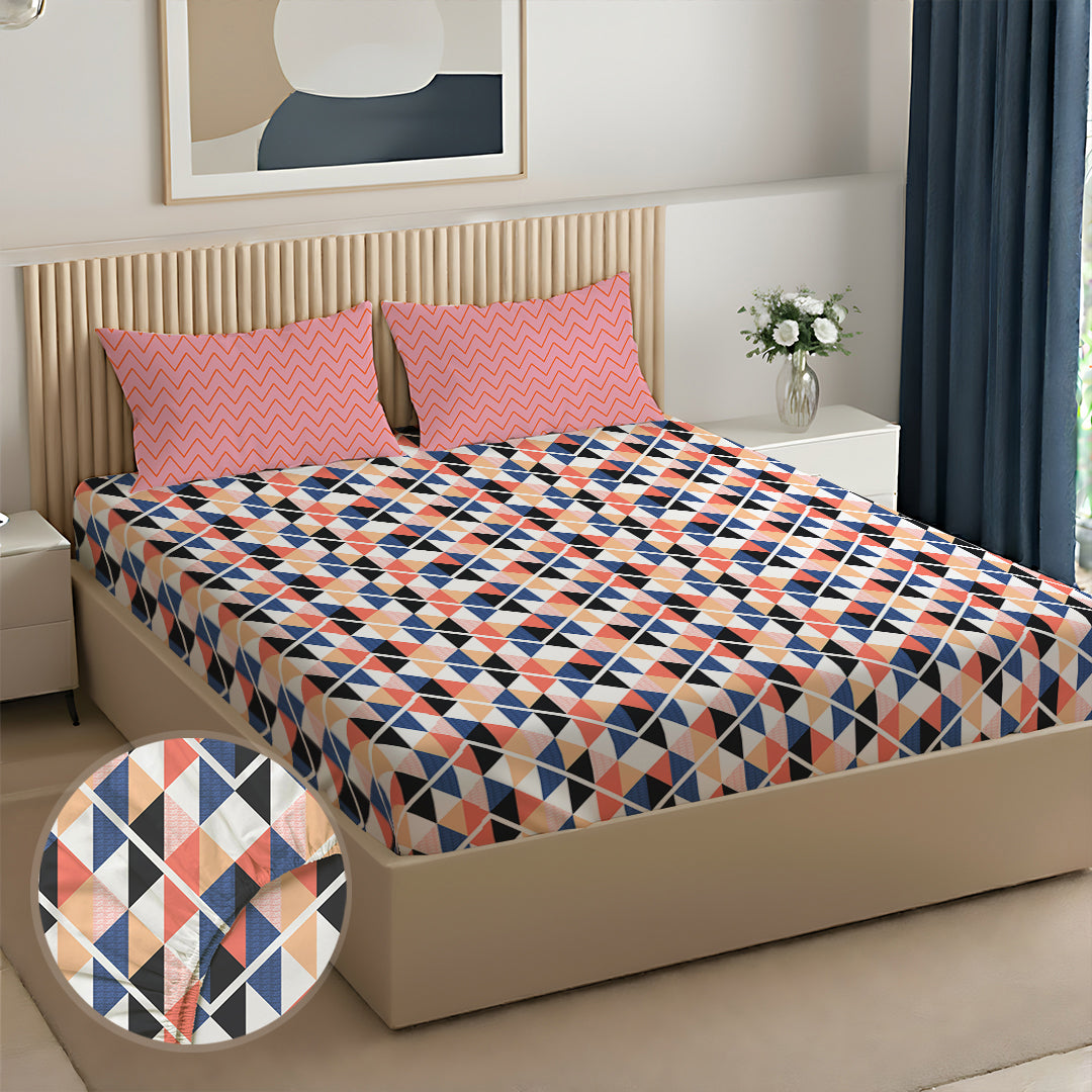 Pure Nest Printed Fitted Sheet Set Pink Blue / King