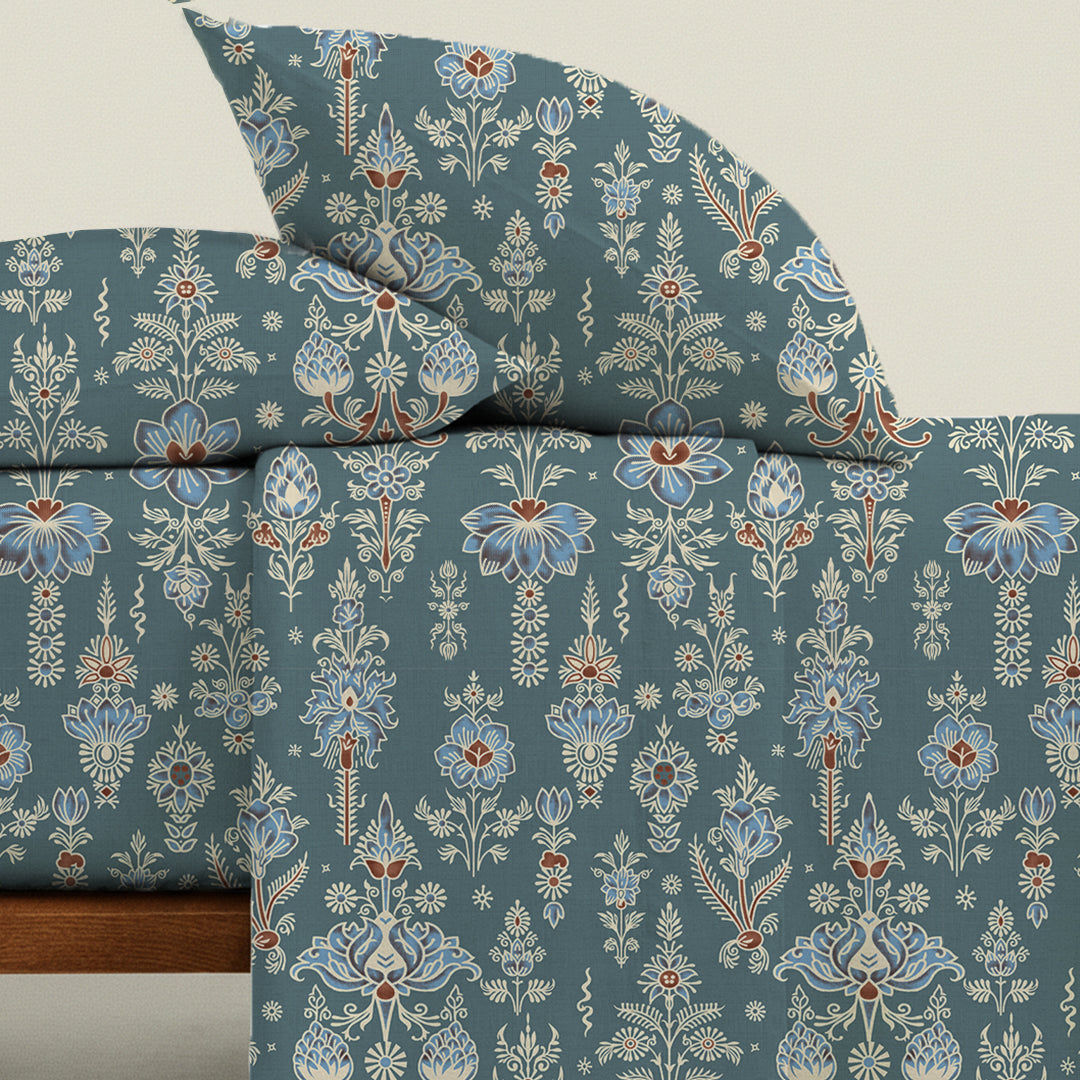 Serene Nest Printed Fitted Sheet Set Blue / Queen