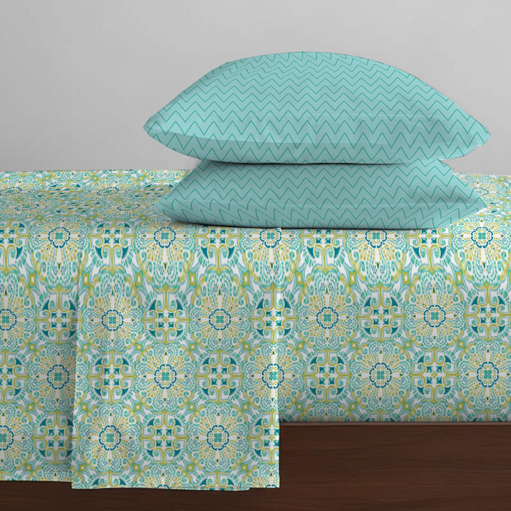 Pure Nest Printed Fitted Sheet Set Teal / Queen