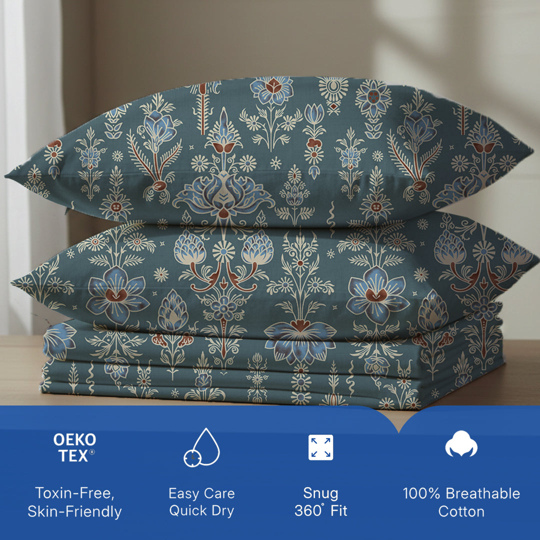 Serene Nest Printed Fitted Sheet Set Blue / King