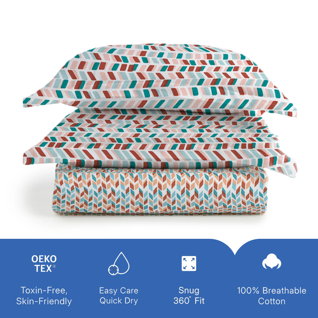 Pure Nest Printed Fitted Sheet Set Blue Rust / Queen