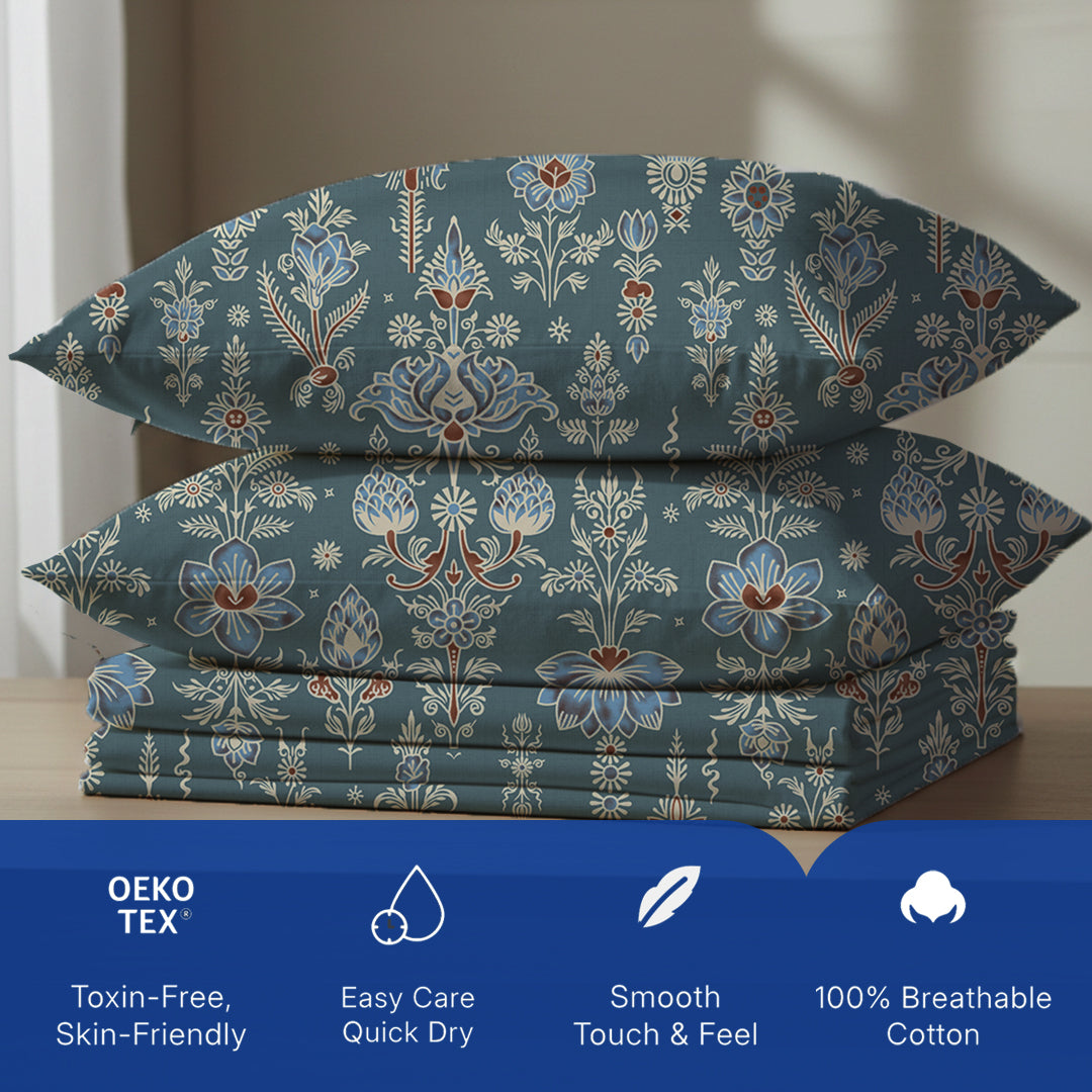 Serene Nest Printed Bedsheet Set Blue / Queen