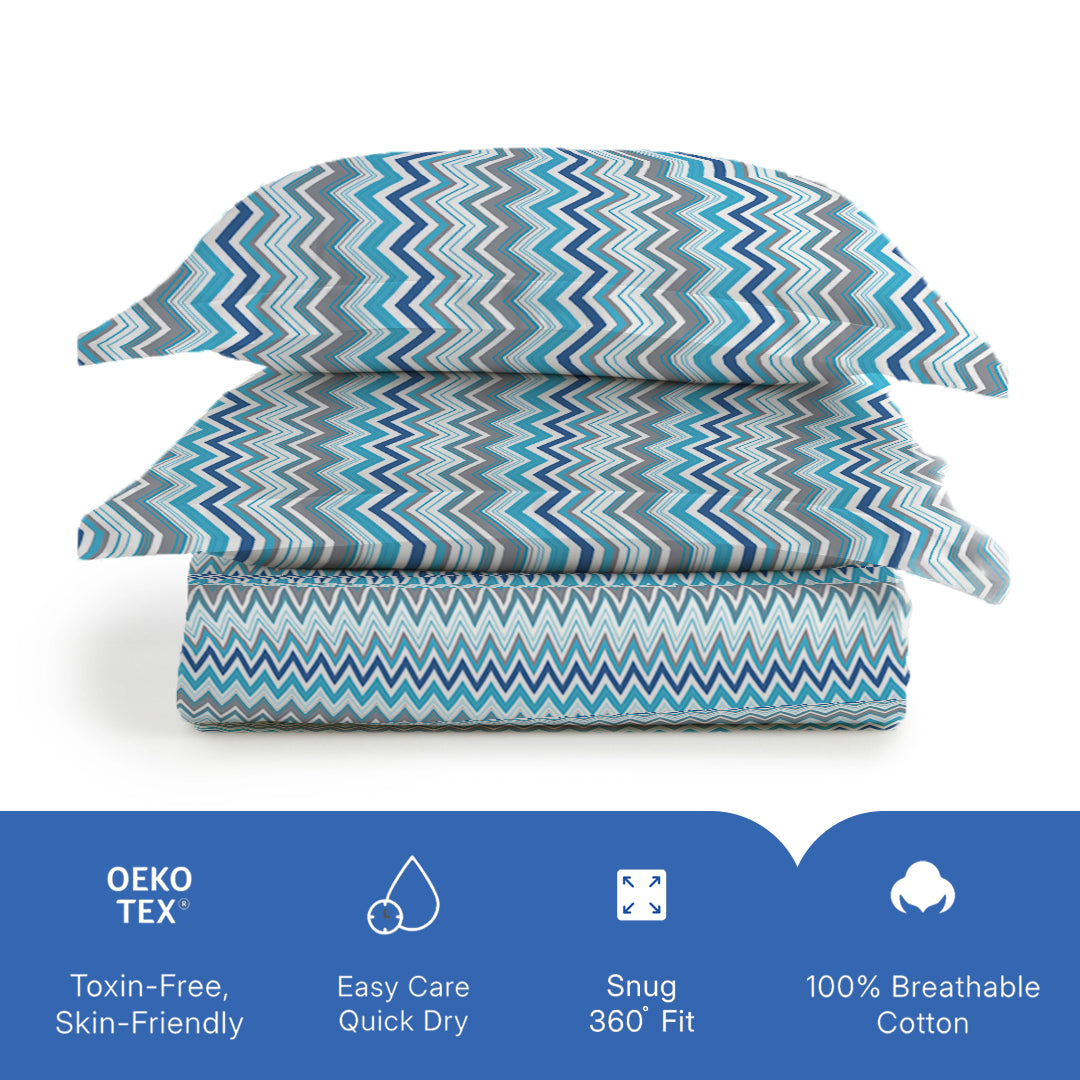 Pure Nest Printed Fitted Sheet Set Blue / King