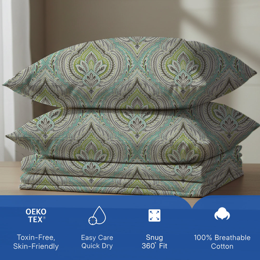 Serene Nest Printed Fitted Sheet Set Muted Green / Queen