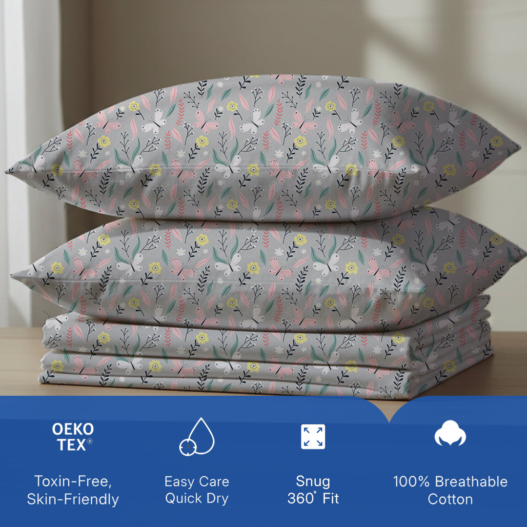 Serene Nest Printed Fitted Sheet Set Grey / Queen