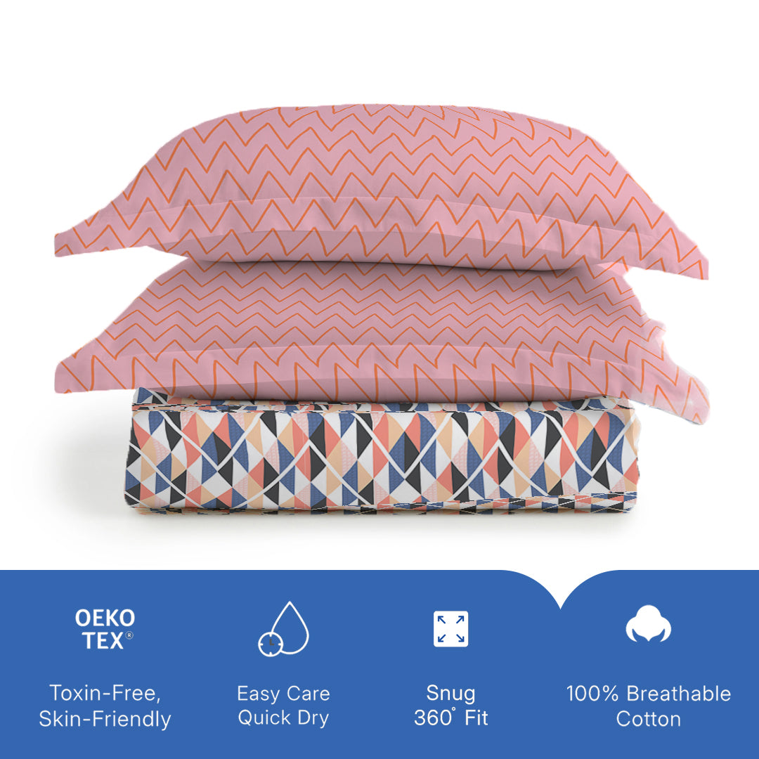 Pure Nest Printed Fitted Sheet Set Pink Blue / King