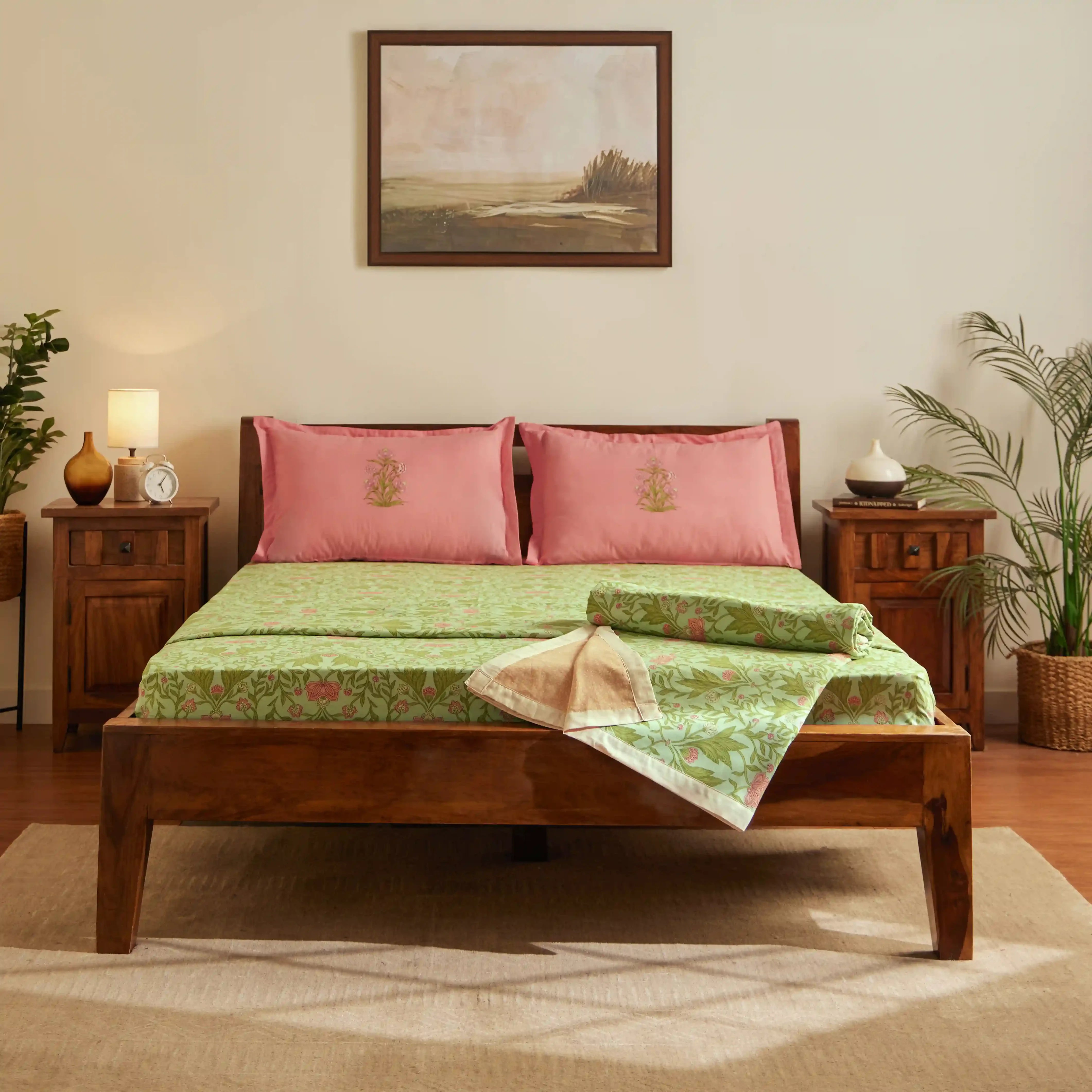 Chippa Lane | Contemporary Indian Print Design Coordinated Bedding Set | Set of Bedsheet & Dohars-Sage Mint Sage Mint / Double