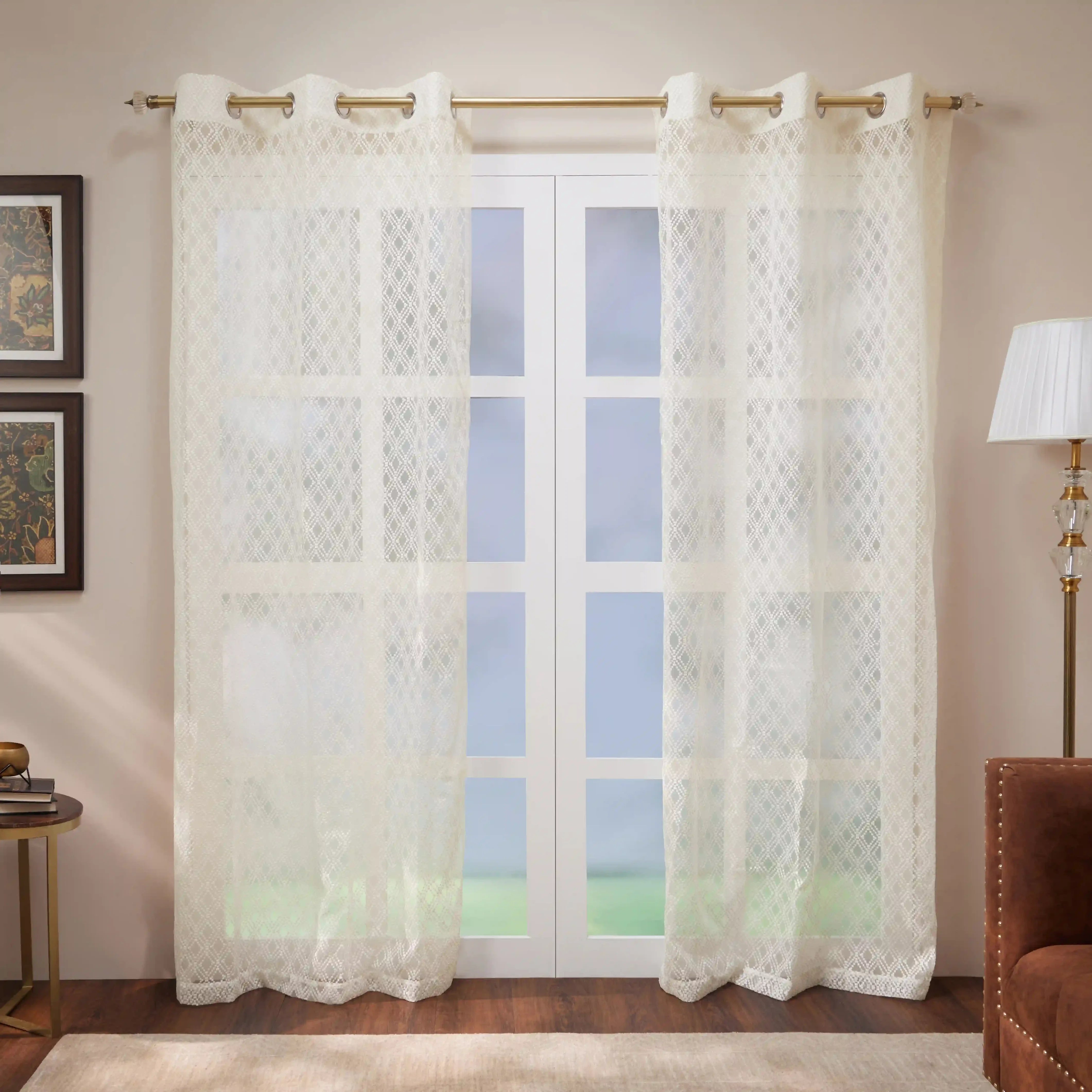 Velina Set Of 2 Embroidered Sheer Readymade Curtains | Boho Mirage Winter White / Door (3.60ft X 7.22ft)