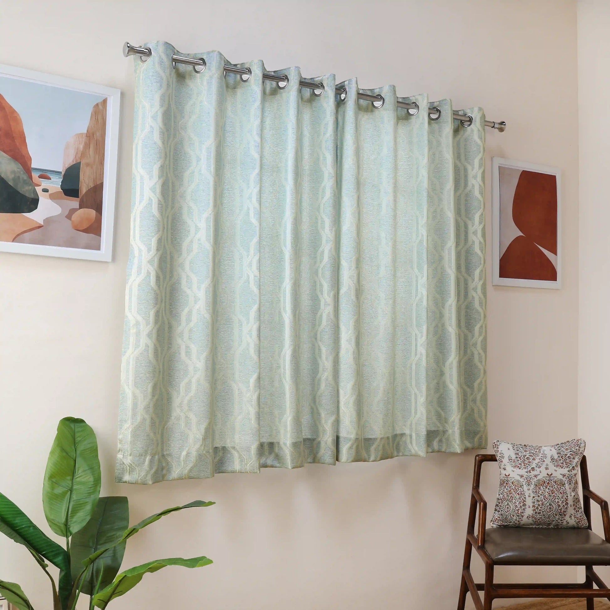 De Jacquard - Classic Set Of 2 Jacquard Readymade Curtains | Abstract Flow Aqua / Window (5ft X 4.4ft)