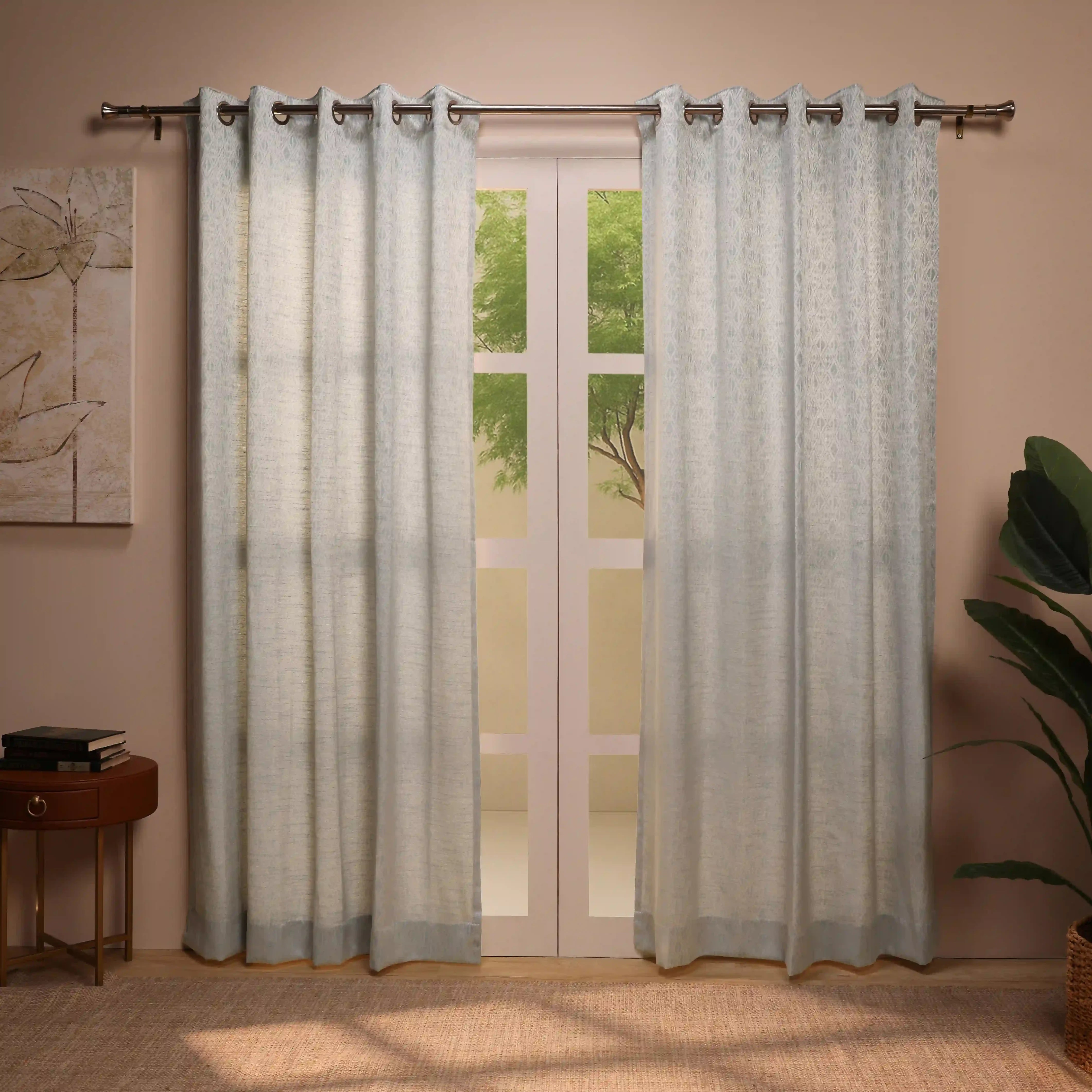 De Jacquard - Classic Set Of 2 Jacquard Readymade Curtains | Cozy Diamonds Sky / Door-XL (9ft X 4.4ft)