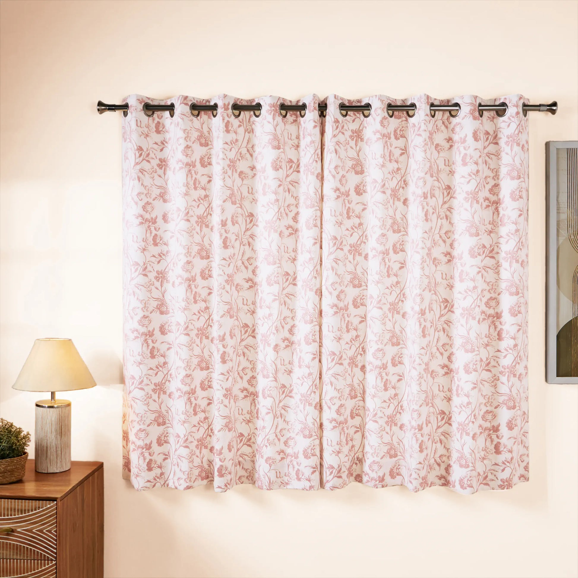Bloomshire Classic Set Of 2 Printed Readymade Curtains | Shadow Bloom Smoky Rouge / Window (5ft X 4.4ft)