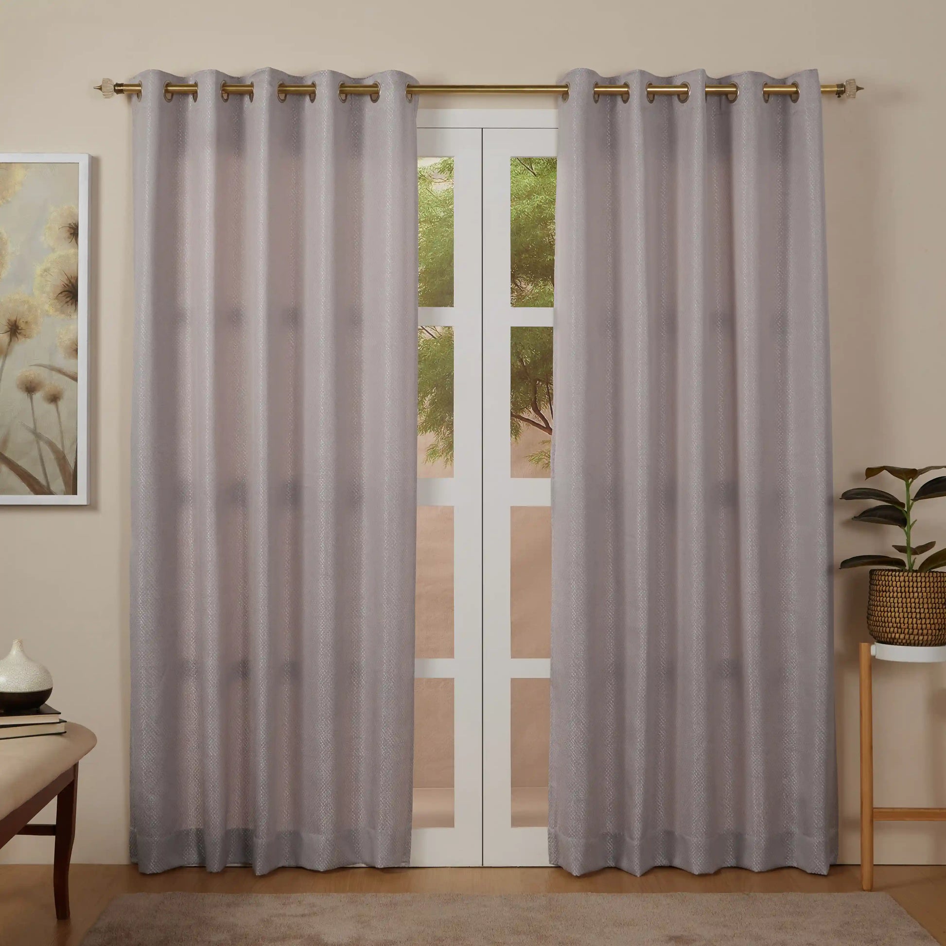De Jacquard - Luxe Set Of 2 Jacquard Readymade Curtains | Natural Imprint Dusky Lilac / Door (7ft X 4.4ft)
